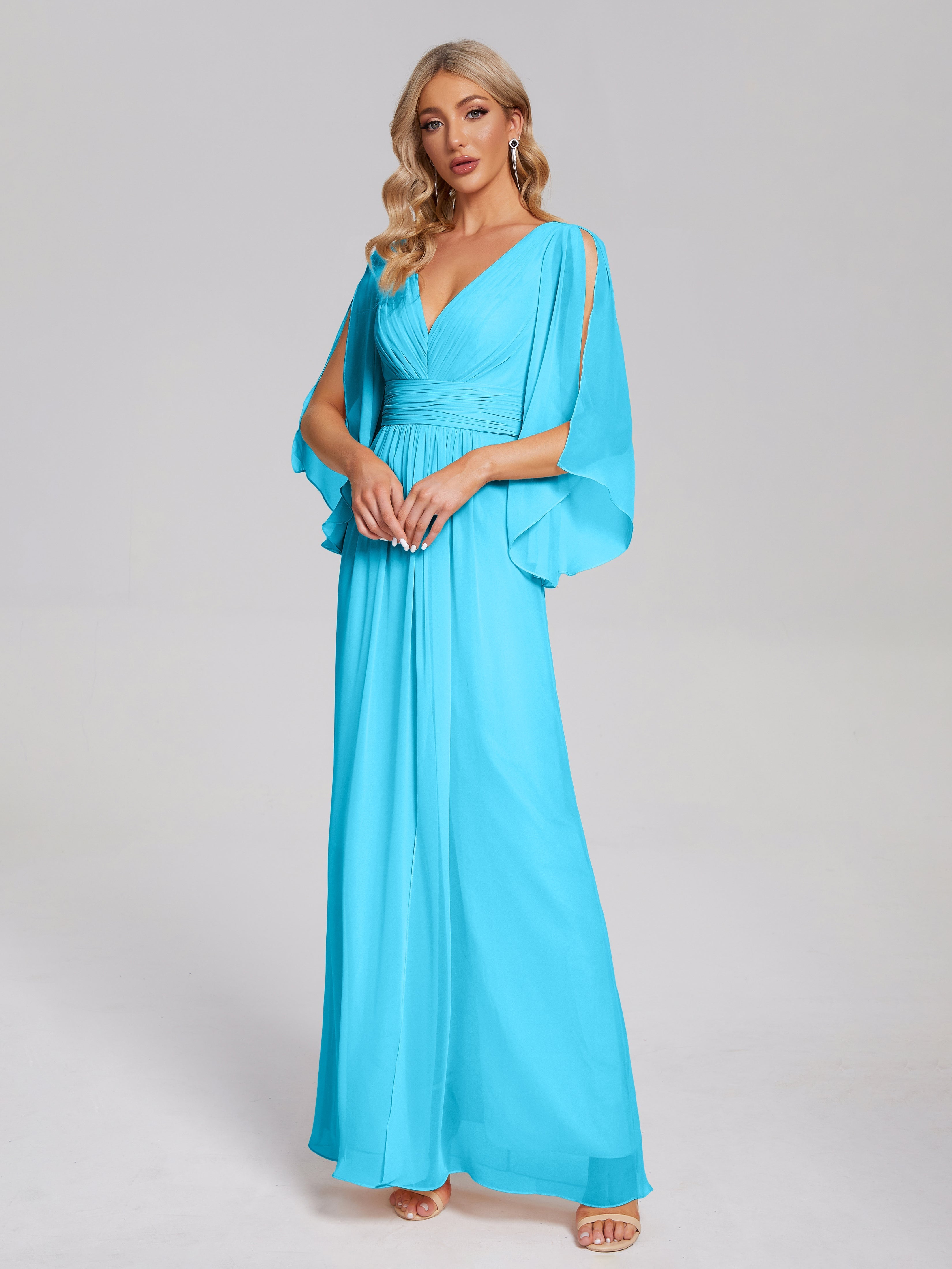 Robe De Demoiselle D'Honneur En Piscine Demi Manches Col V Fendue Mousseline Robes Demoiselle D'Honneur