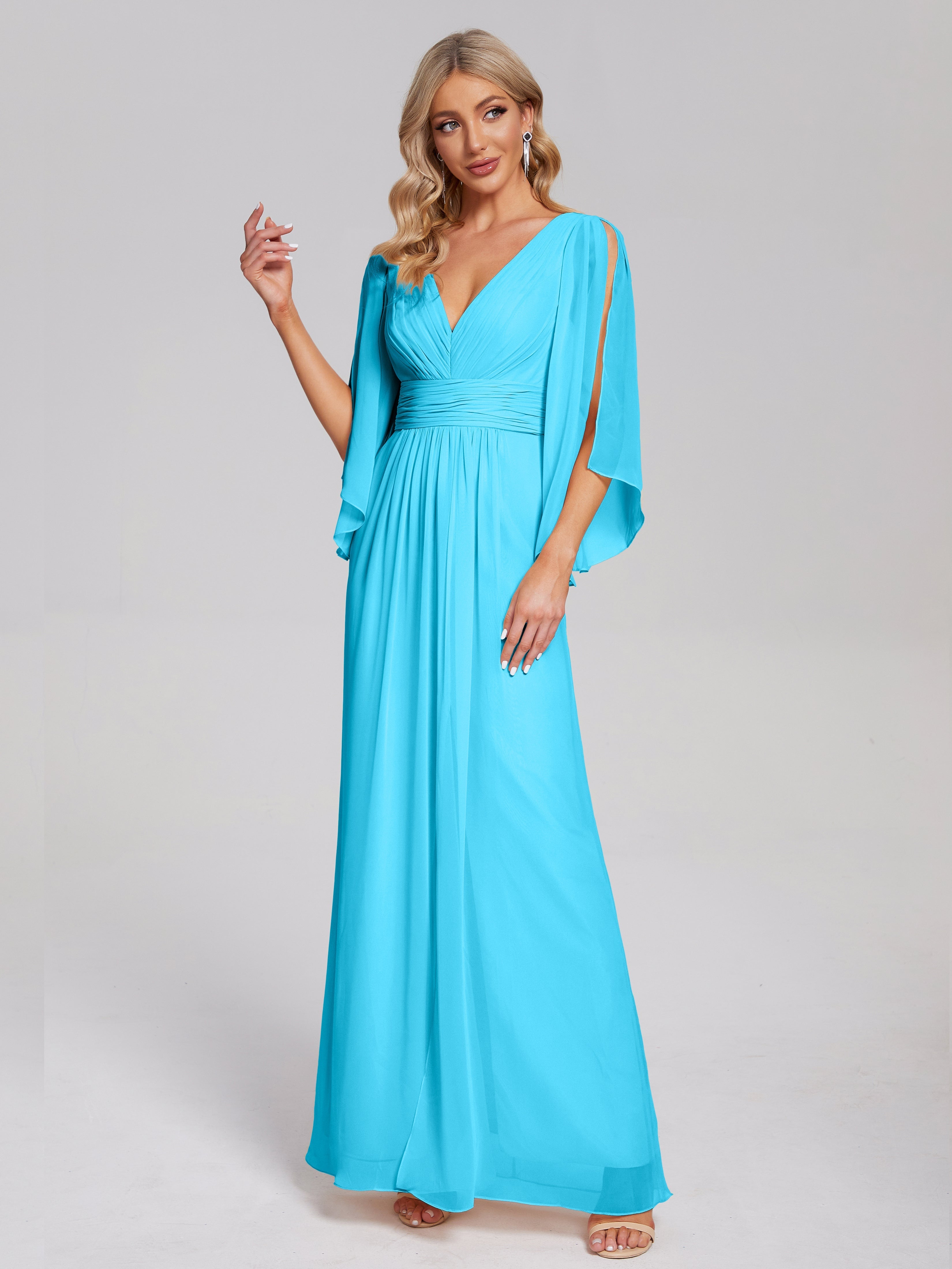 Robe De Demoiselle D'Honneur En Piscine Demi Manches Col V Fendue Mousseline Robes Demoiselle D'Honneur