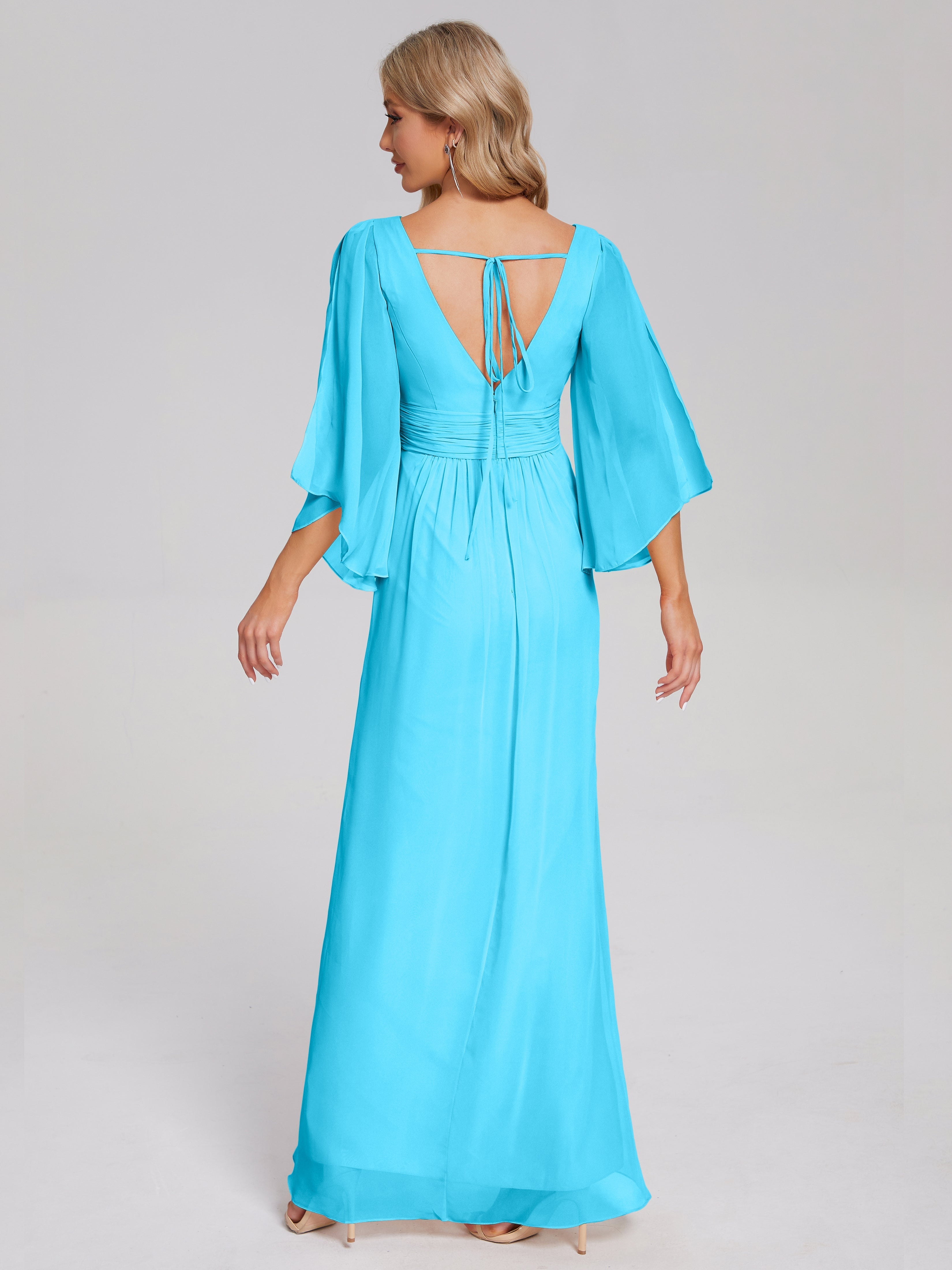 Robe De Demoiselle D'Honneur En Piscine Demi Manches Col V Fendue Mousseline Robes Demoiselle D'Honneur