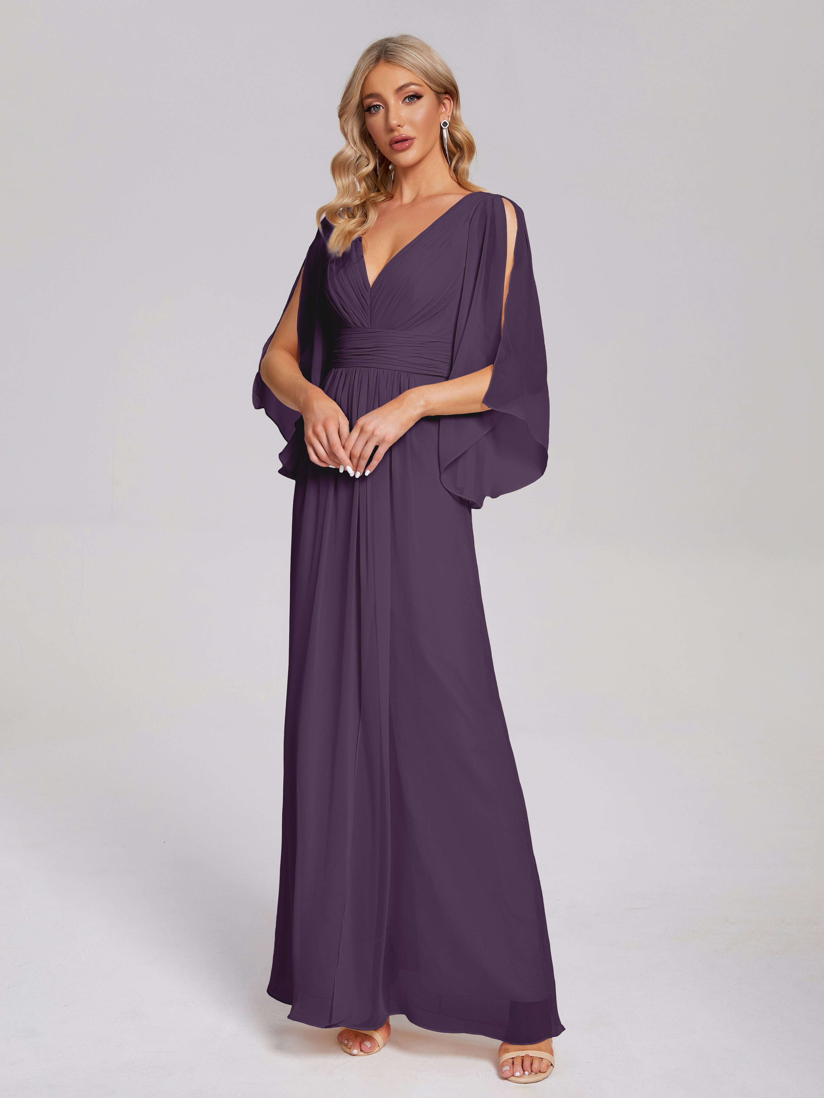 Robe De Demoiselle D'Honneur En Plum Demi Manches Col V Fendue Mousseline Robes Demoiselle D'Honneur