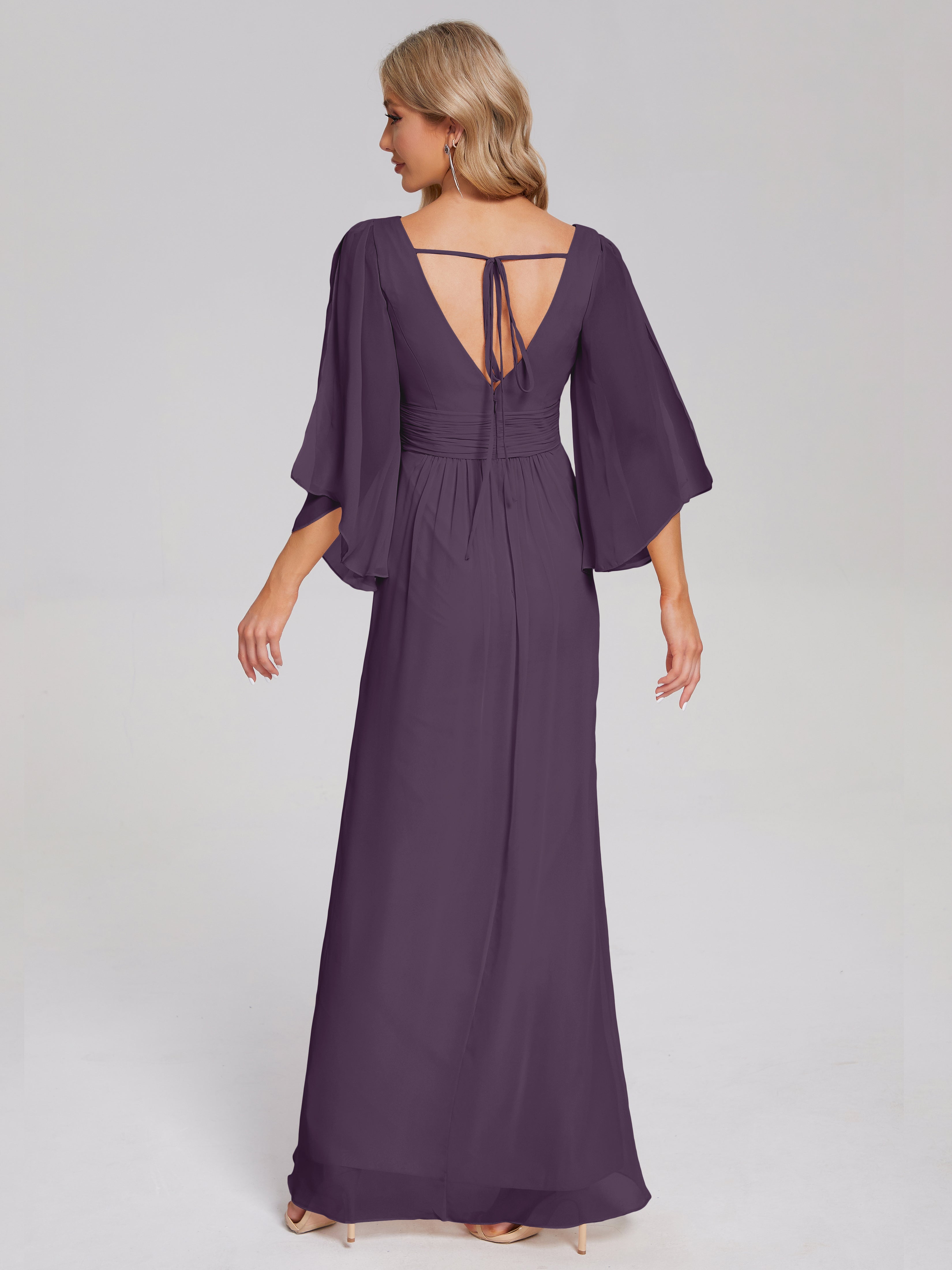 Robe De Demoiselle D'Honneur En Plum Demi Manches Col V Fendue Mousseline Robes Demoiselle D'Honneur