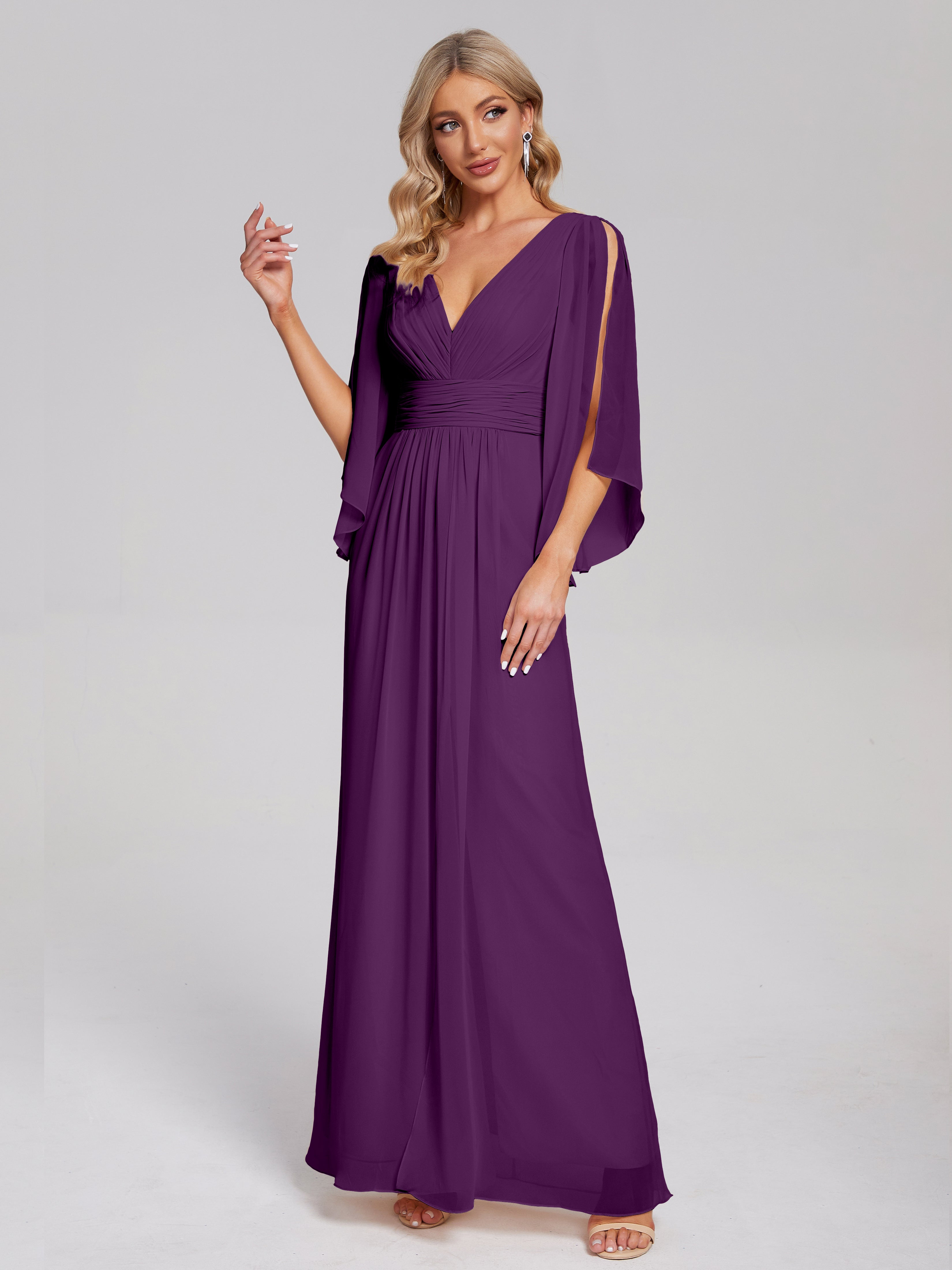 Robes De Demoiselle D'Honneur En Raisin Demi Manches Col V Fendue Mousseline Robes Demoiselle D'Honneur