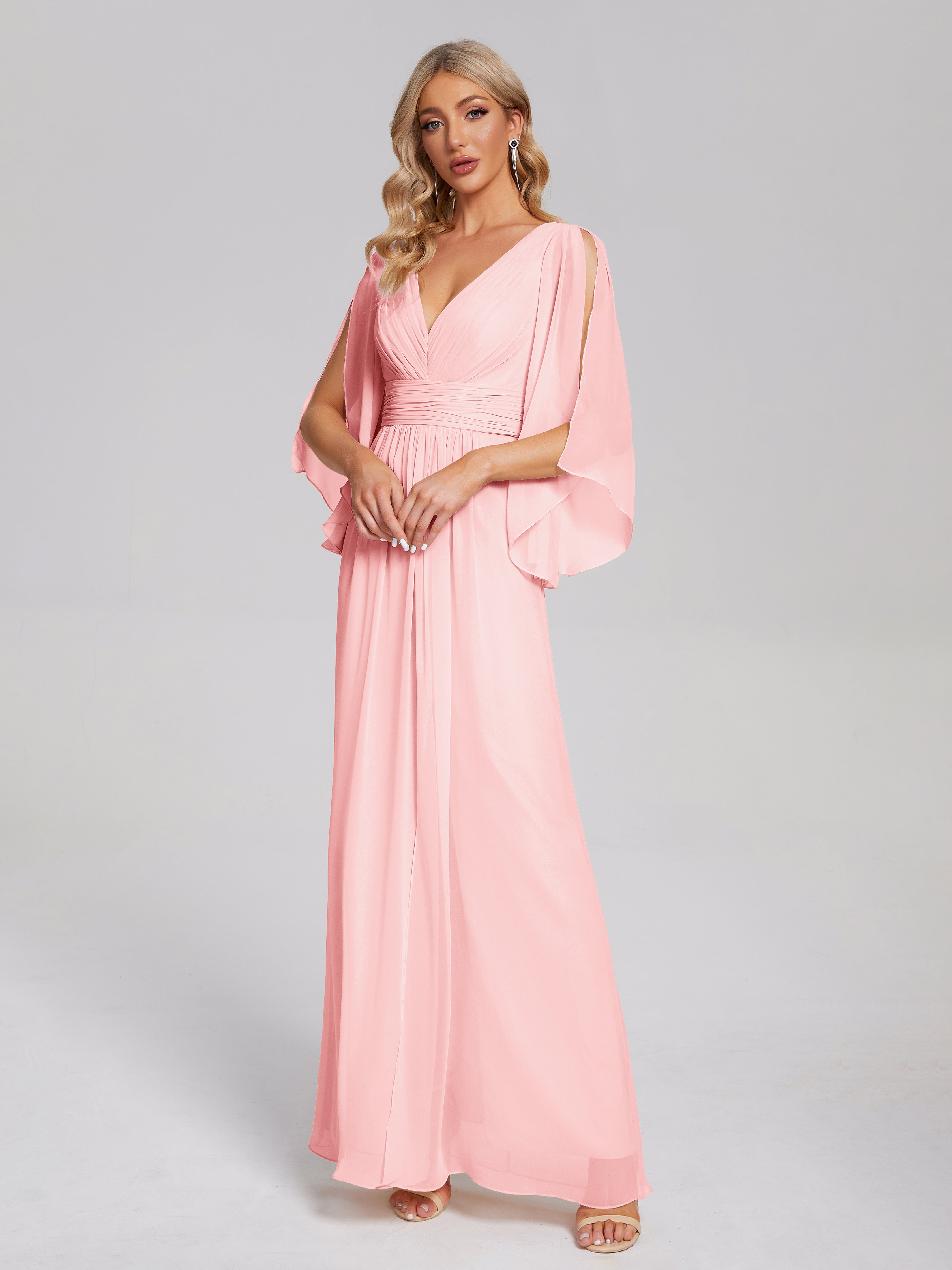 Robes De Demoiselle D'Honneur Rose Mauve Demi Manches Col V Fendue Mousseline Robes Demoiselle D'Honneur