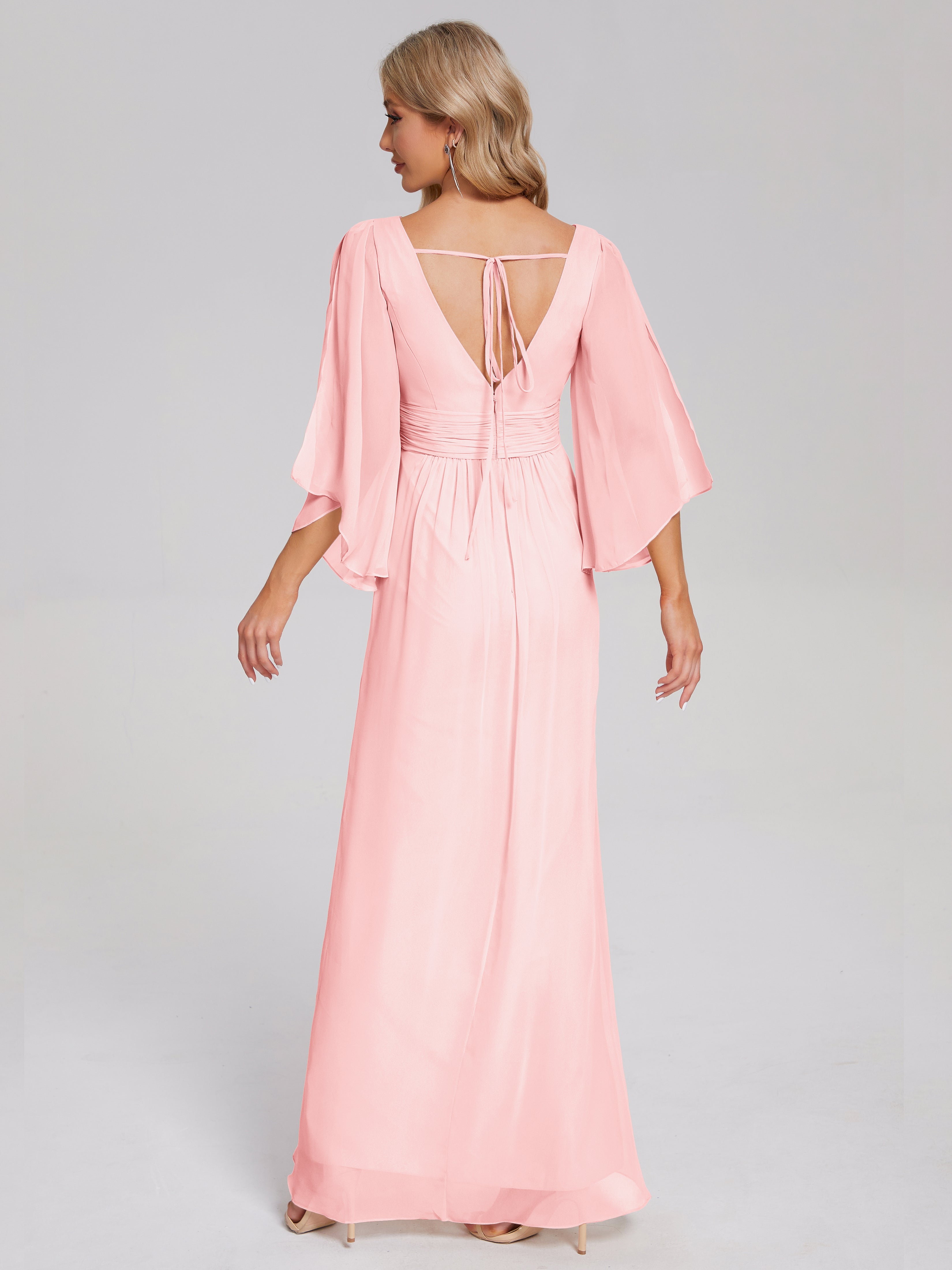 Robes De Demoiselle D'Honneur Rose Mauve Demi Manches Col V Fendue Mousseline Robes Demoiselle D'Honneur
