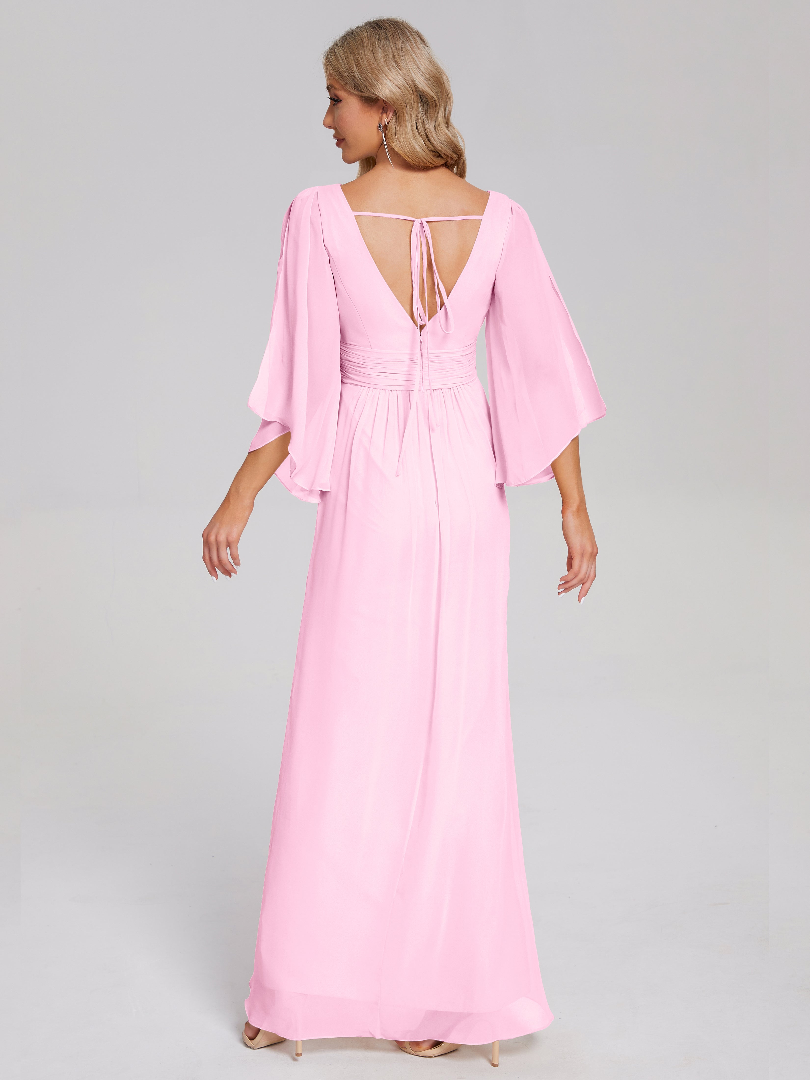 Robes De Demoiselle D'Honneur Rose Bonbon Demi Manches Col V Fendue Mousseline Robes Demoiselle D'Honneur