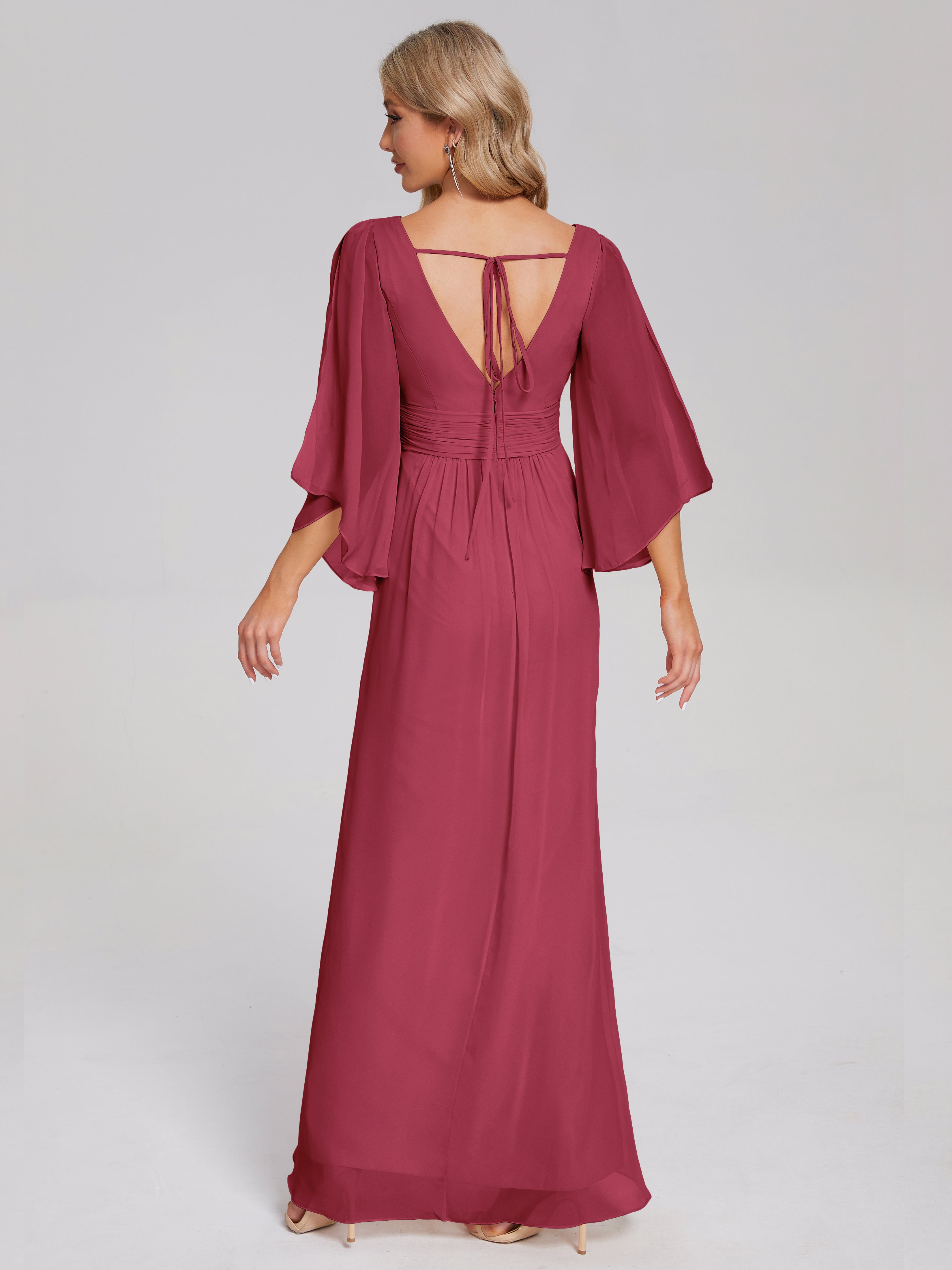 Couleur Rose Cannelle Demi Manches Col V Fendue Mousseline Robes Demoiselle D'Honneur