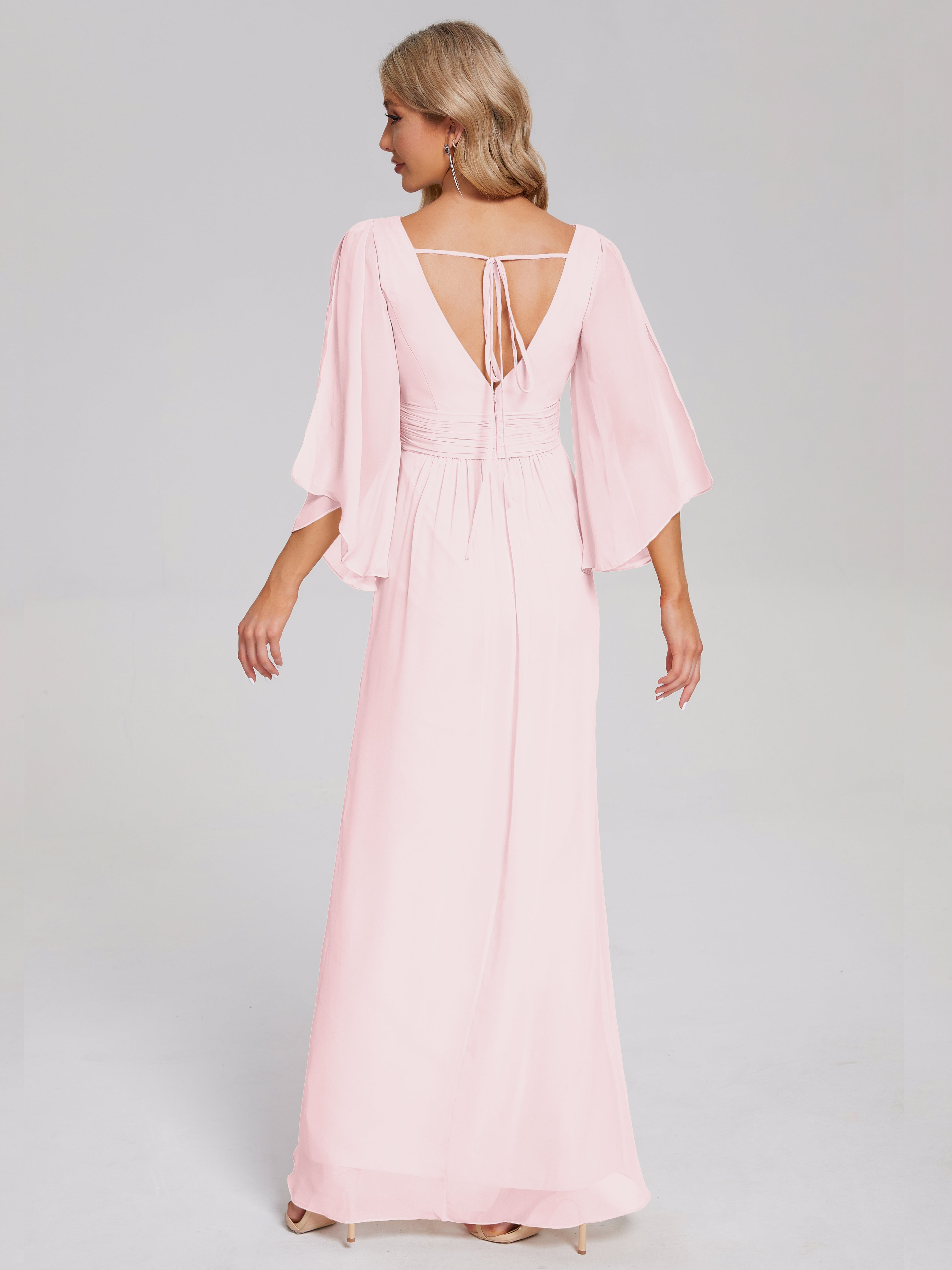 Robe Demoiselle Honneur Rose Pale Demi Manches Col V Fendue Mousseline Robes Demoiselle D'Honneur