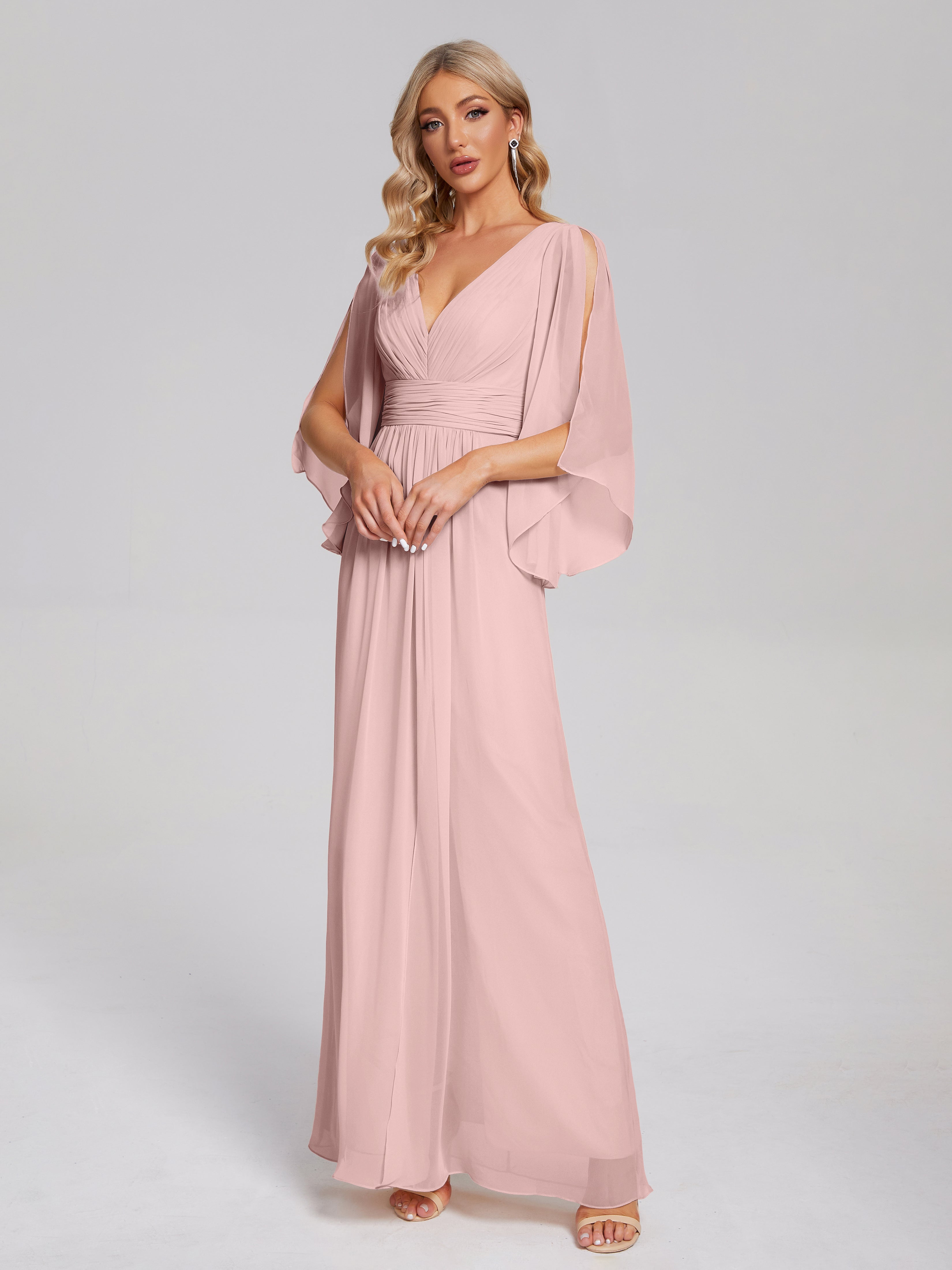 Robe De Demoiselle D Honneur Rose Poudré Demi Manches Col V Fendue Mousseline Robes Demoiselle D'Honneur