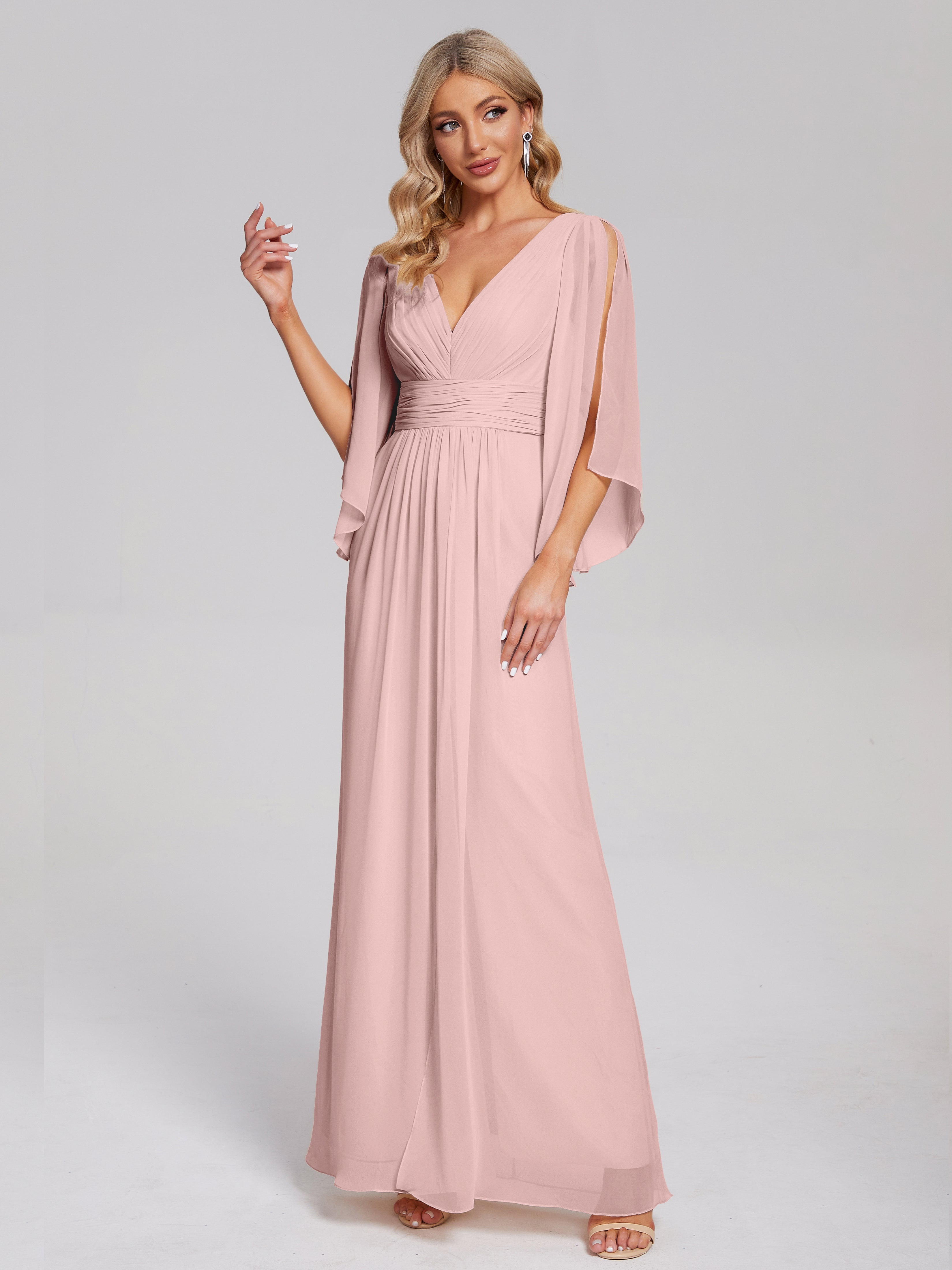 Robe De Demoiselle D Honneur Rose Poudré Demi Manches Col V Fendue Mousseline Robes Demoiselle D'Honneur