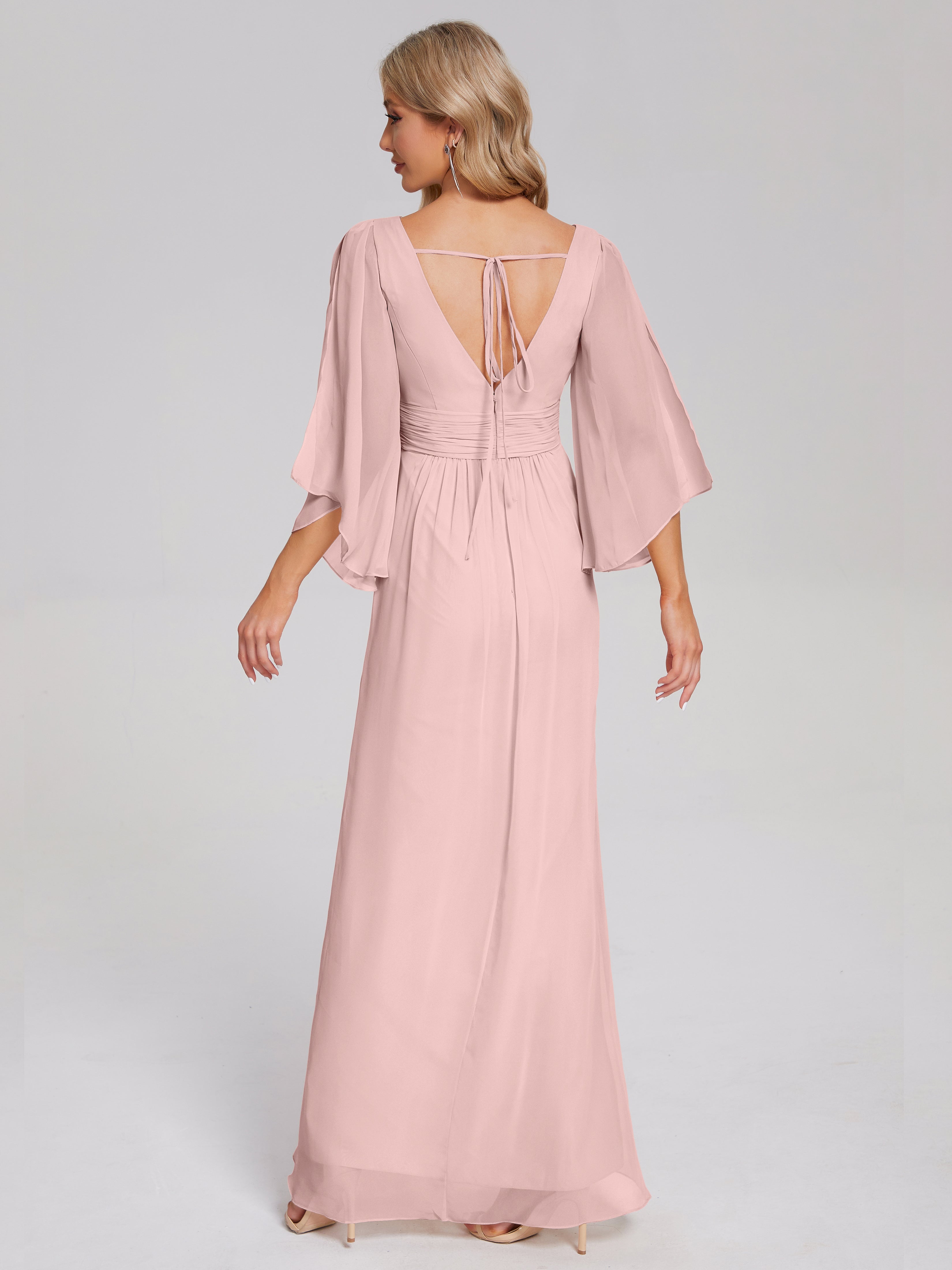 Robe De Demoiselle D Honneur Rose Poudré Demi Manches Col V Fendue Mousseline Robes Demoiselle D'Honneur