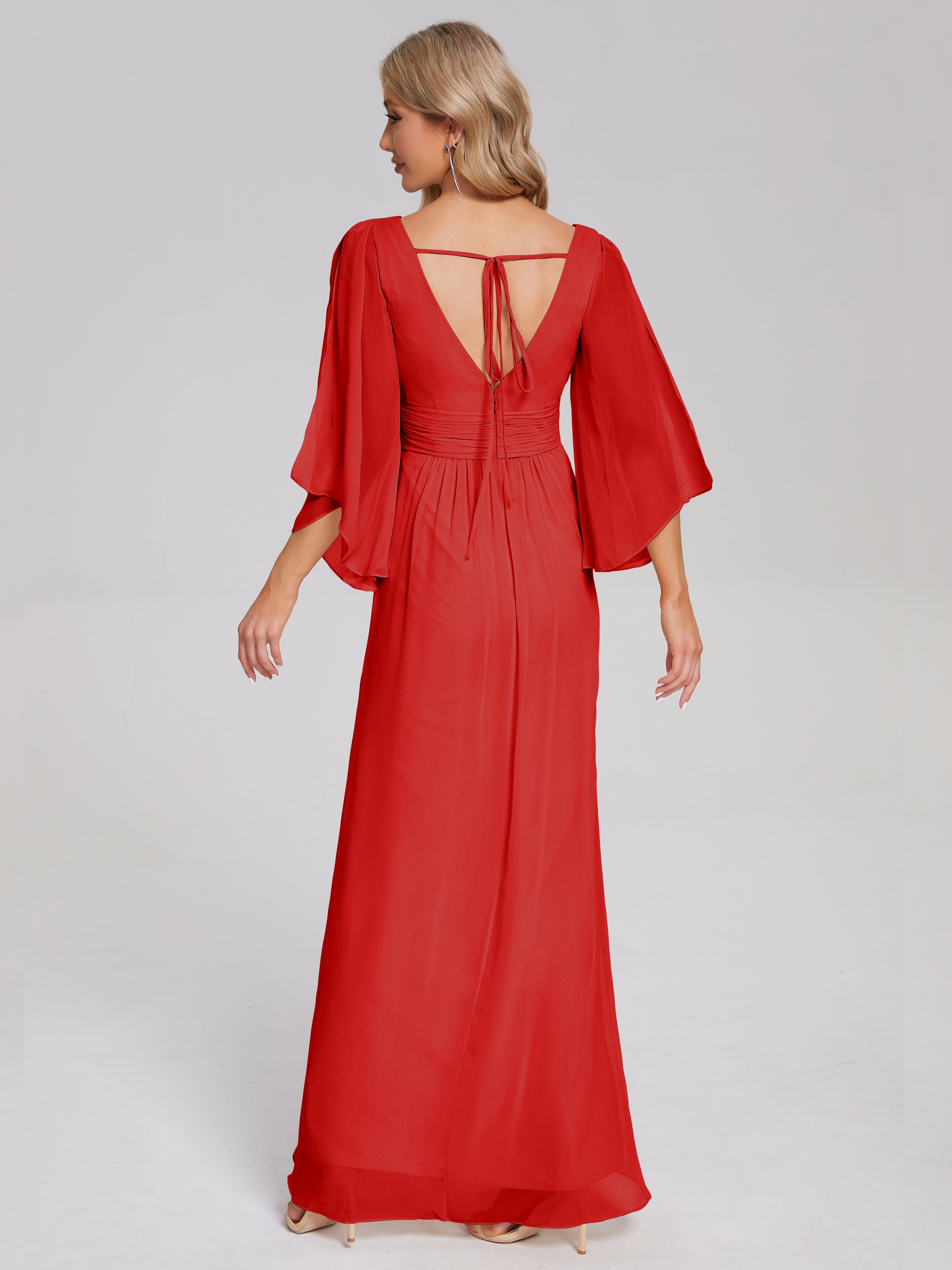 Demoiselle D Honneur Robe Rouge Demi Manches Col V Fendue Mousseline Robes Demoiselle D'Honneur
