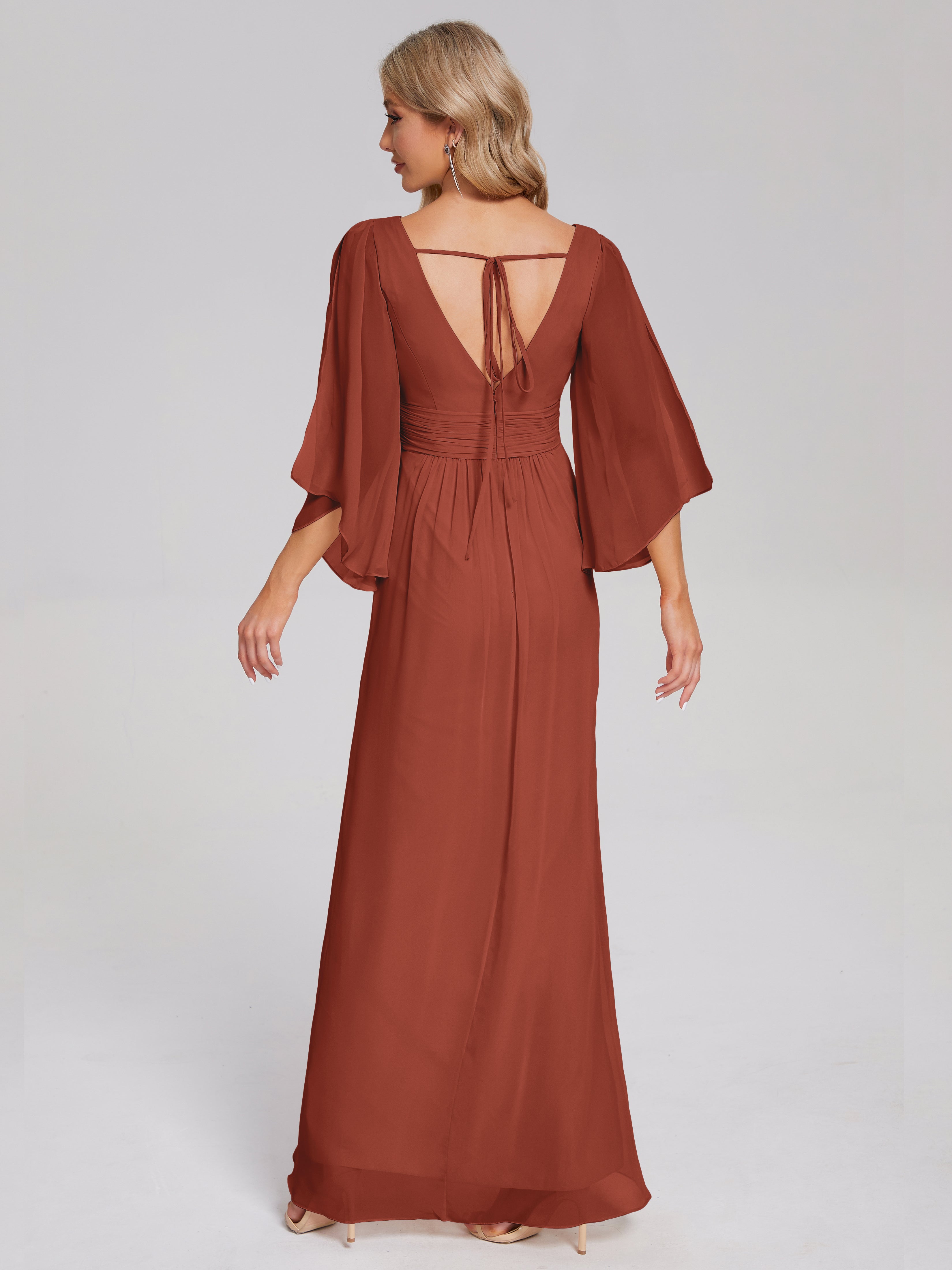 Robe Demoiselle D Honneur Couleur Rouille Demi Manches Col V Fendue Mousseline Robes Demoiselle D'Honneur