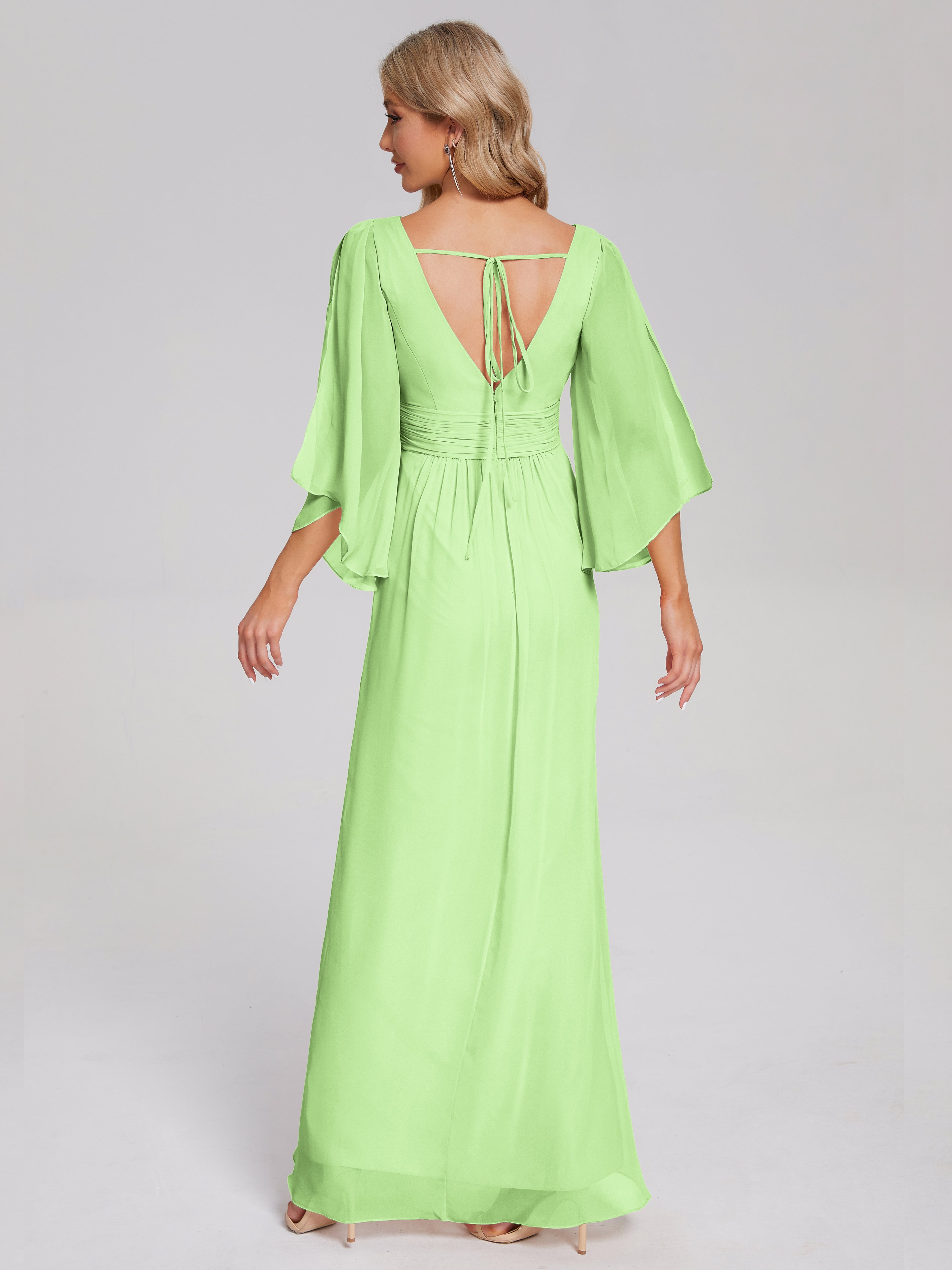 Robe Demoiselle Vert Sauge Demi Manches Col V Fendue Mousseline Robes Demoiselle D'Honneur