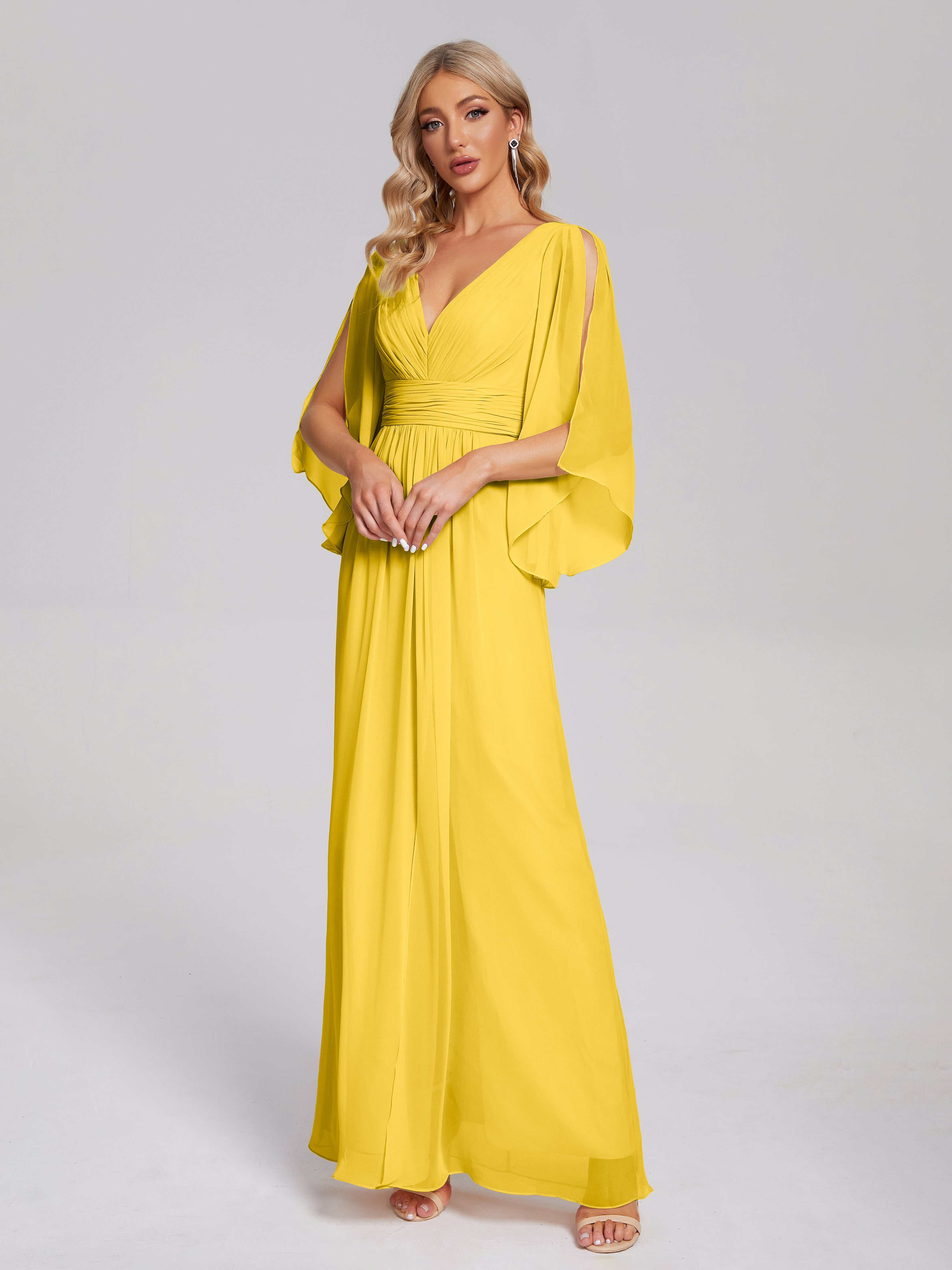 Robe De Demoiselle D'Honneur Souci Demi Manches Col V Fendue Mousseline Robes Demoiselle D'Honneur