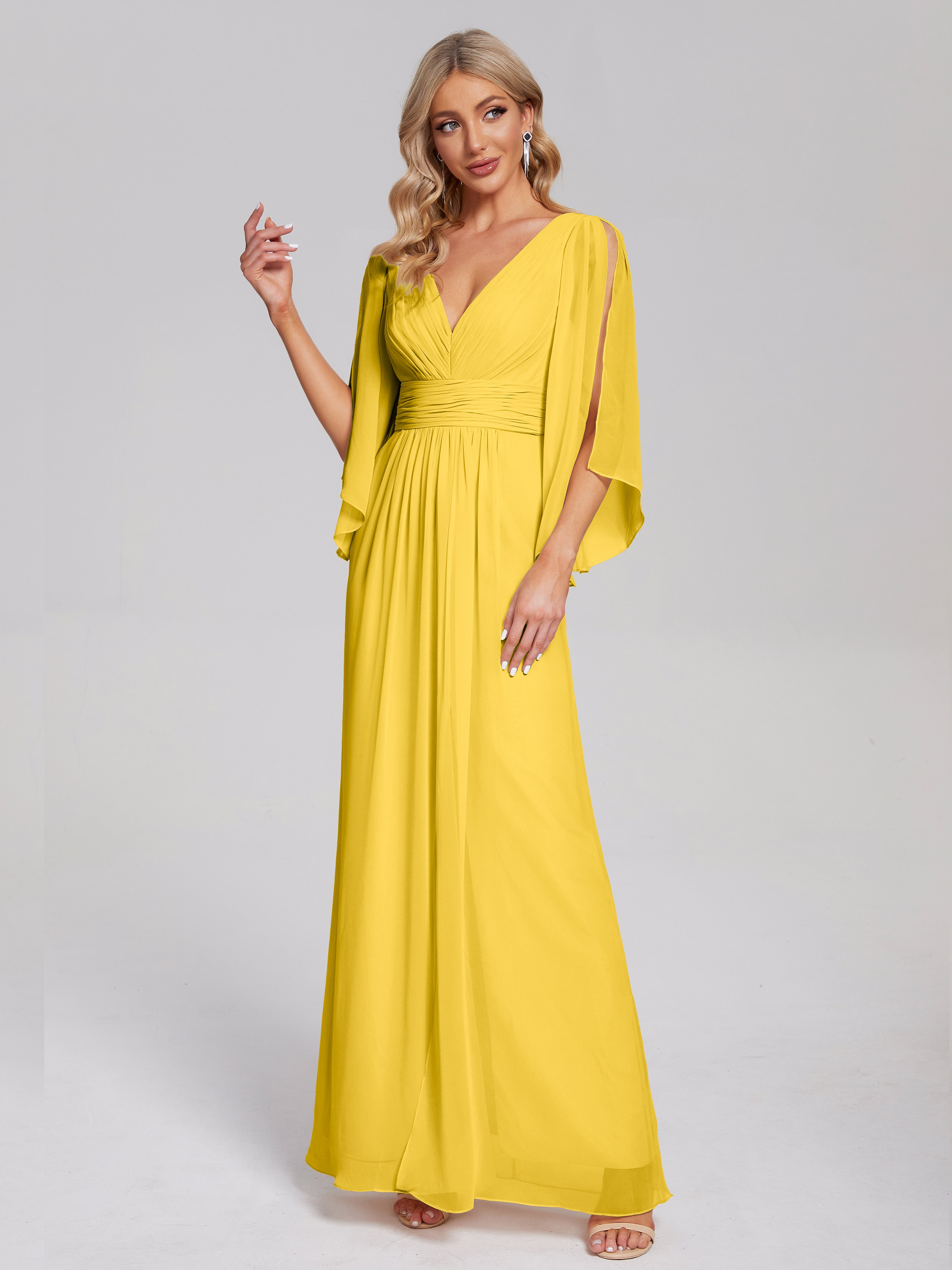 Robe De Demoiselle D'Honneur Souci Demi Manches Col V Fendue Mousseline Robes Demoiselle D'Honneur