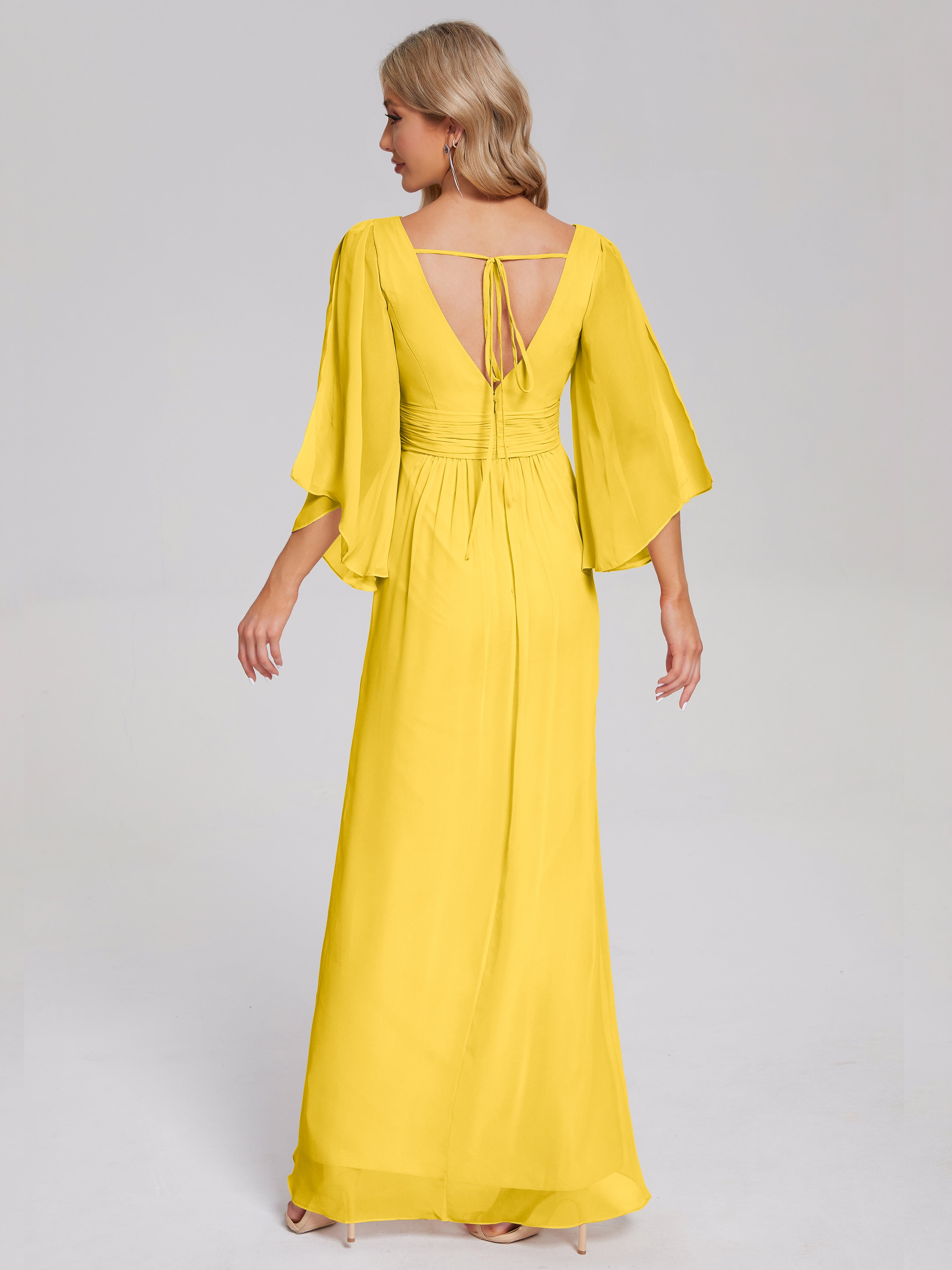 Robe De Demoiselle D'Honneur Souci Demi Manches Col V Fendue Mousseline Robes Demoiselle D'Honneur