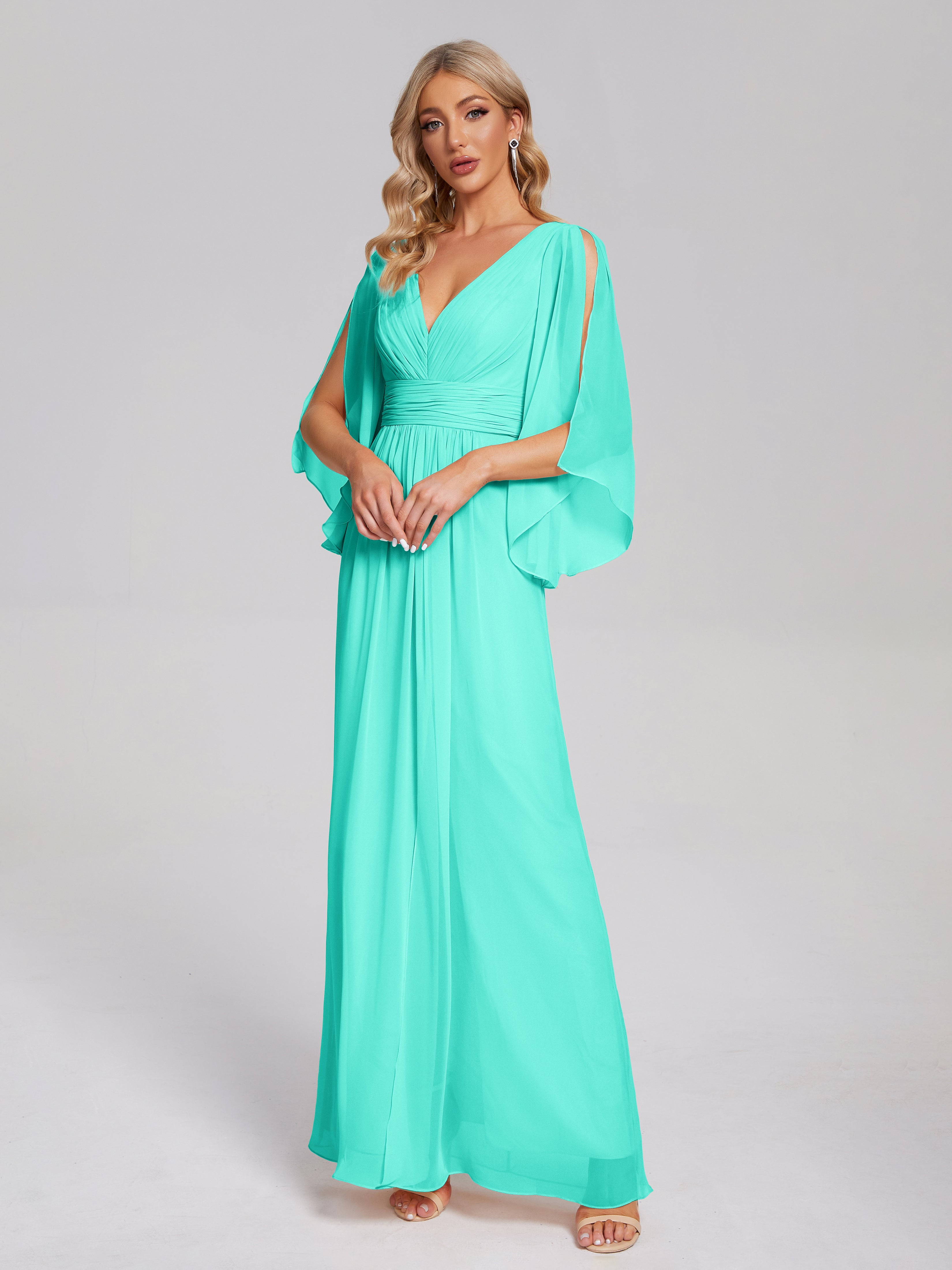 Robes De Demoiselle D'Honneur Spa Demi Manches Col V Fendue Mousseline Robes Demoiselle D'Honneur