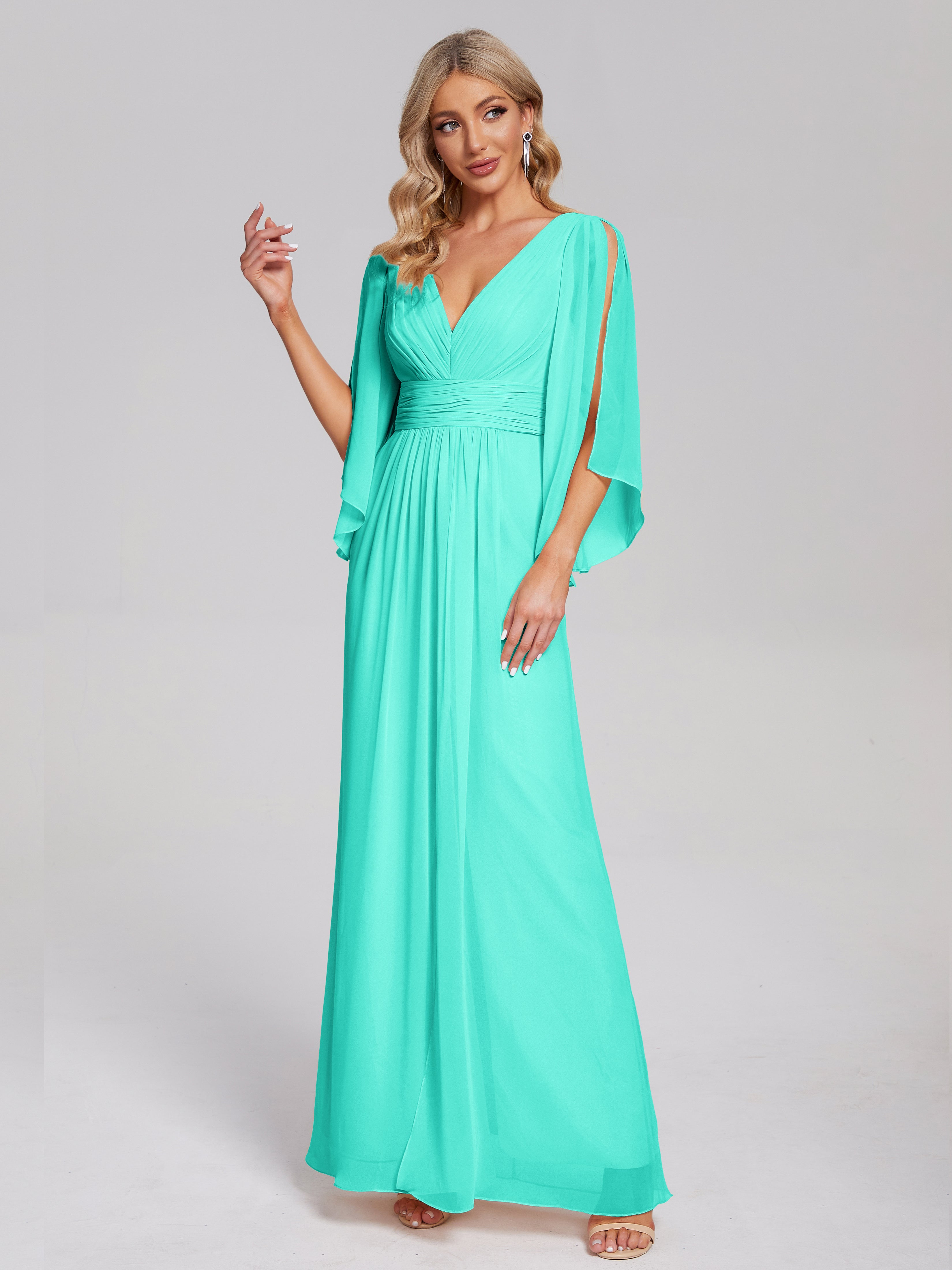 Robes De Demoiselle D'Honneur Spa Demi Manches Col V Fendue Mousseline Robes Demoiselle D'Honneur