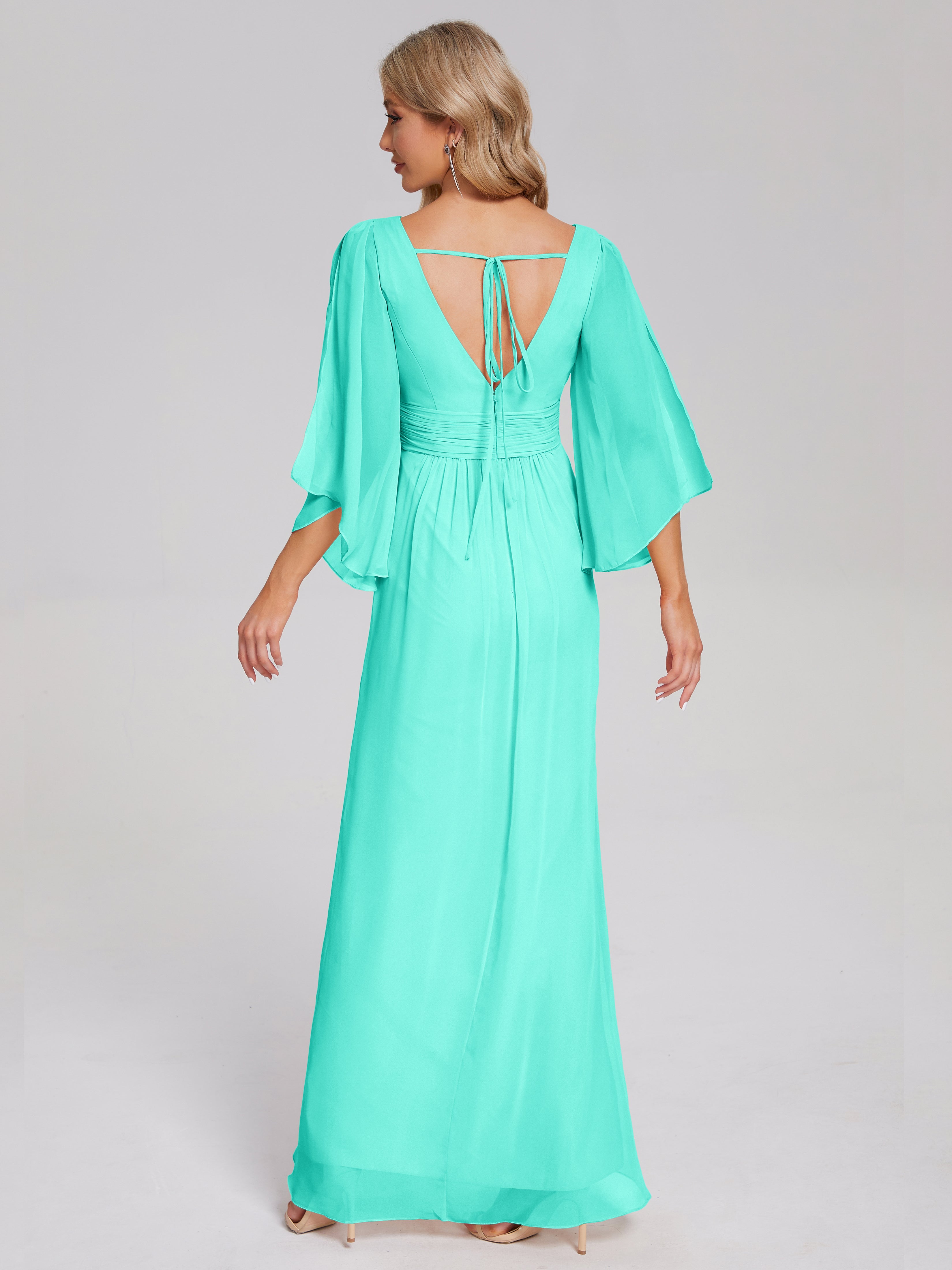 Robes De Demoiselle D'Honneur Spa Demi Manches Col V Fendue Mousseline Robes Demoiselle D'Honneur