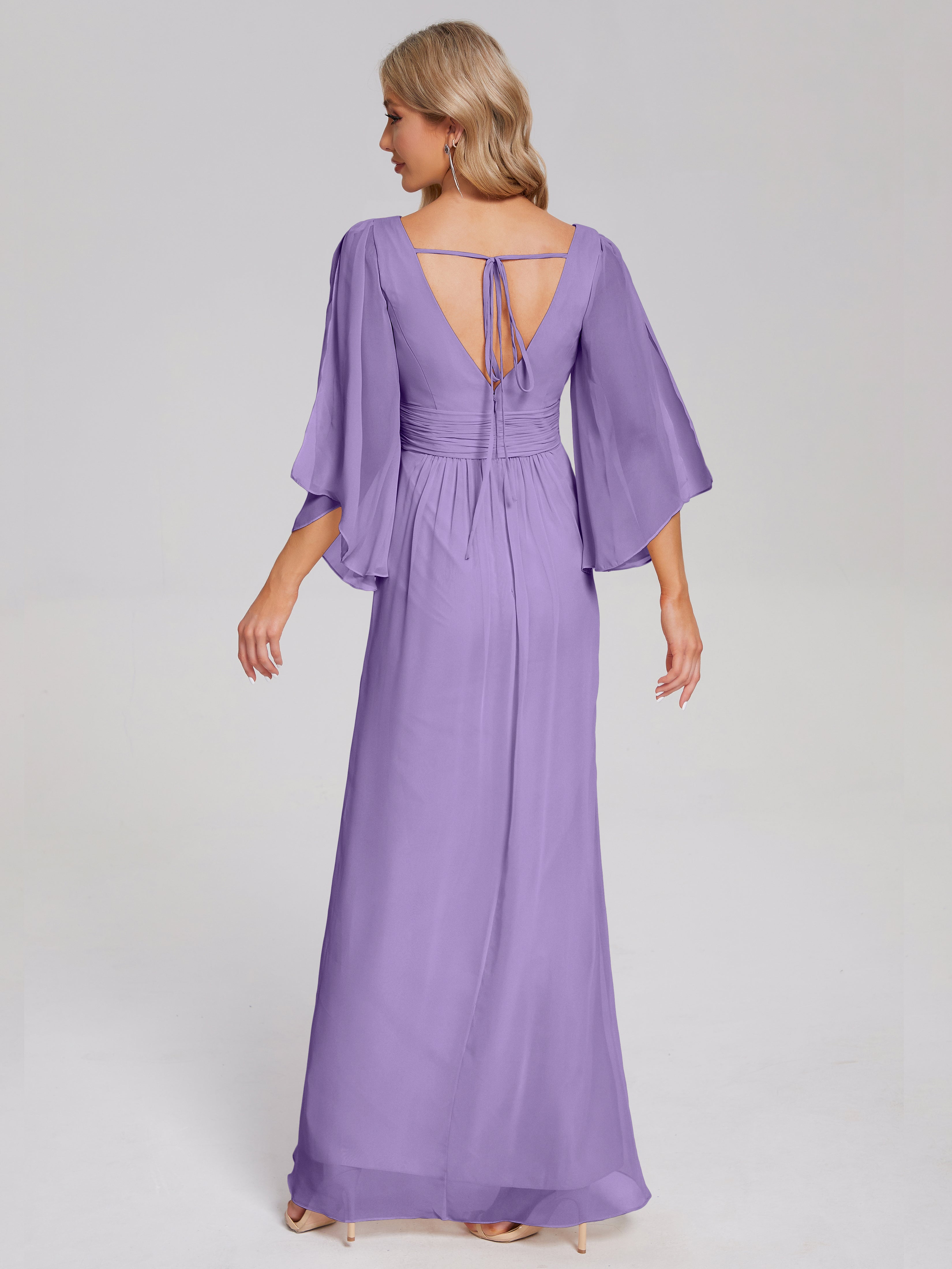 Robes De Demoiselle D'Honneur Tahiti Demi Manches Col V Fendue Mousseline Robes Demoiselle D'Honneur