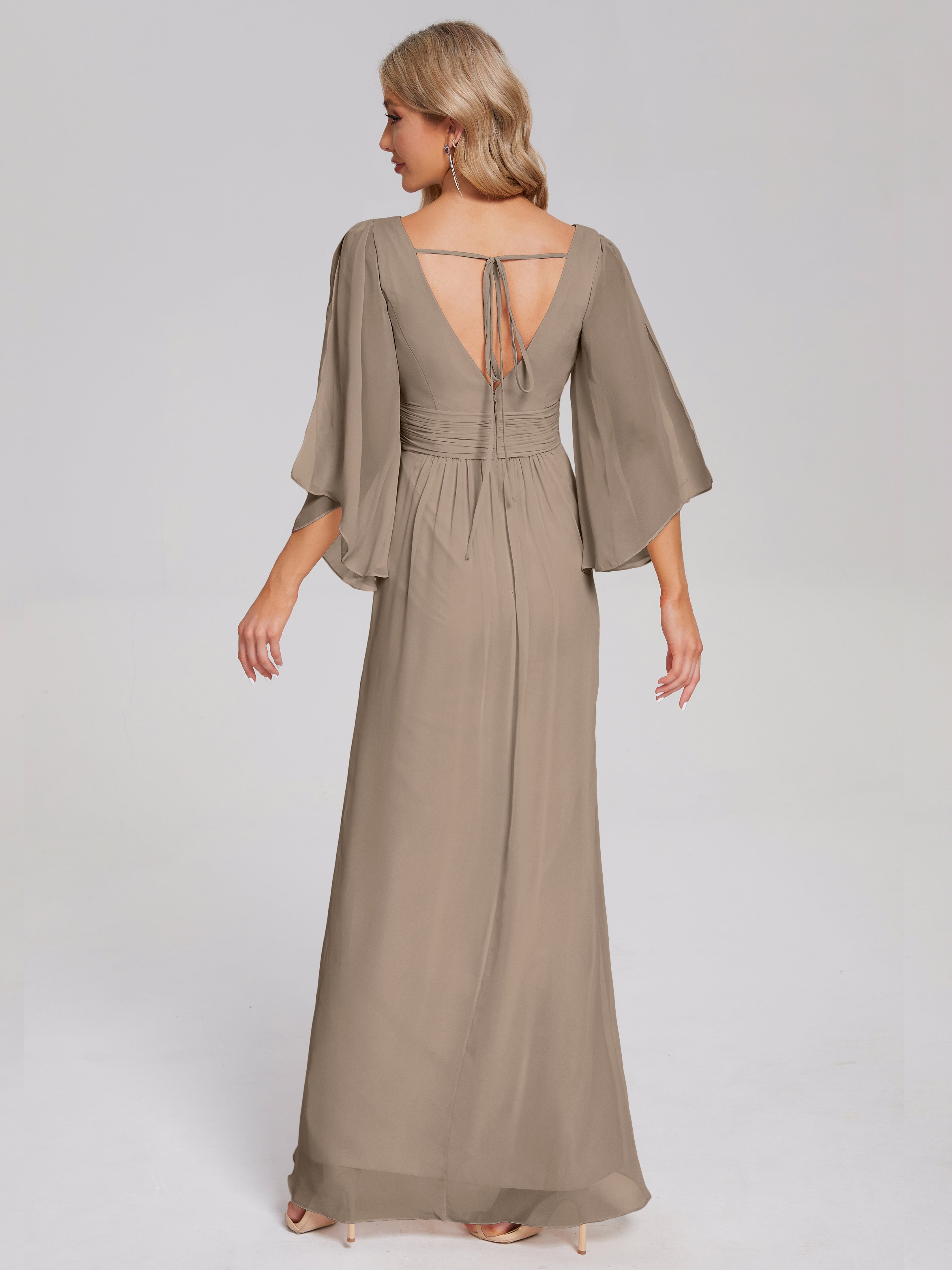 Robe De Couleur Taupe Demi Manches Col V Fendue Mousseline Robes Demoiselle D'Honneur
