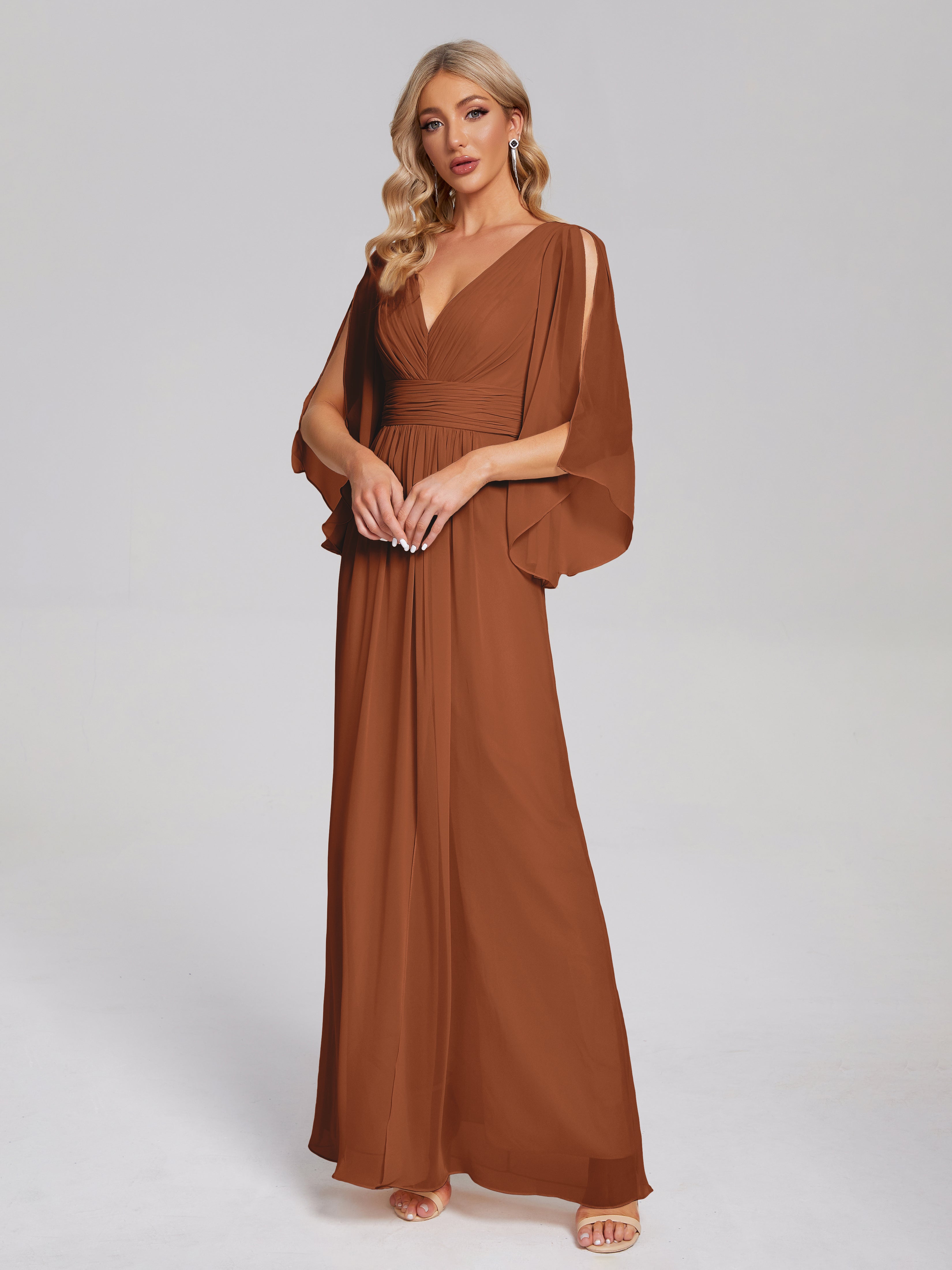 Robe De Demoiselle D Honneur Terracotta Demi Manches Col V Fendue Mousseline Robes Demoiselle D'Honneur