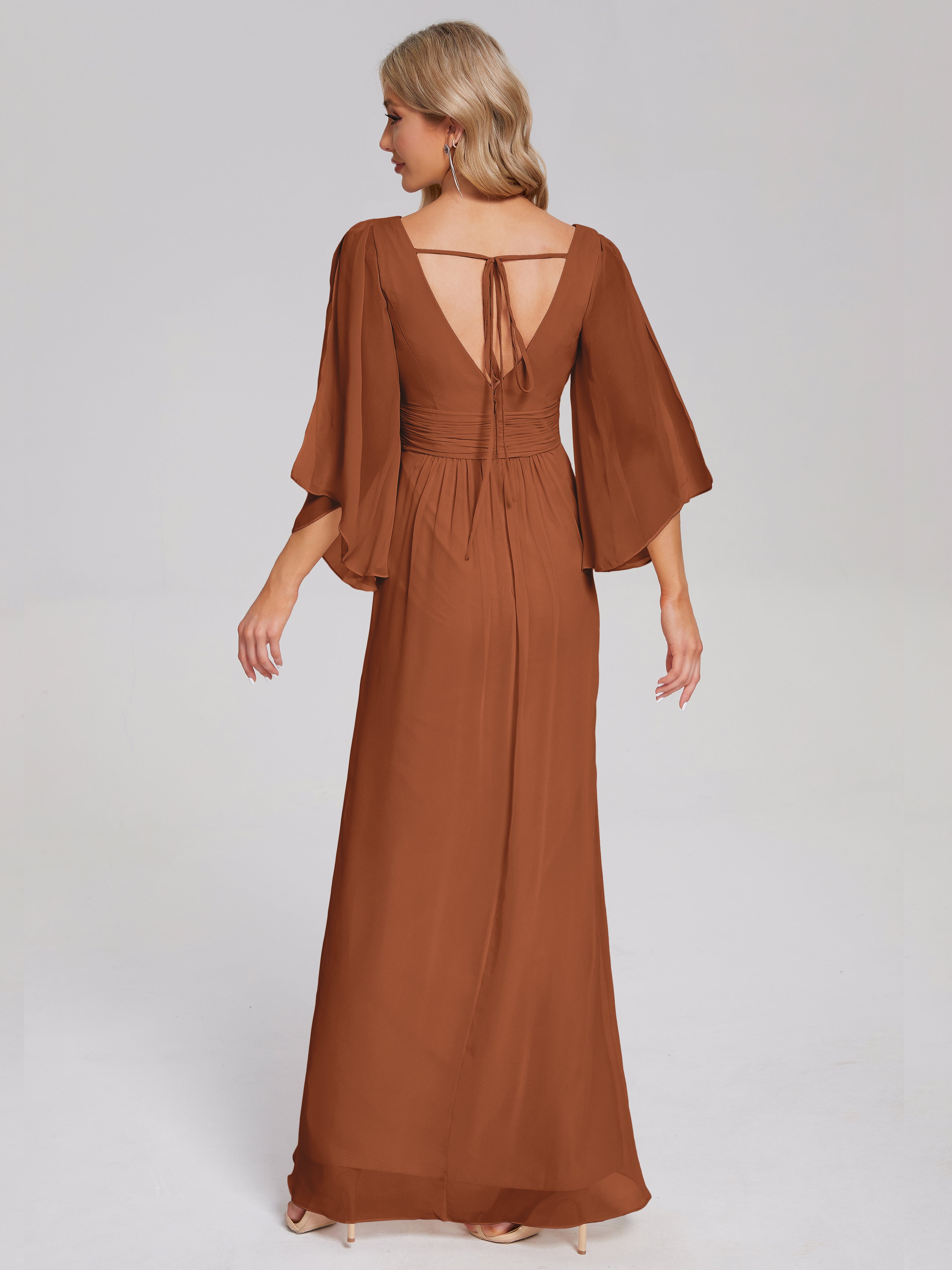 Robe De Demoiselle D Honneur Terracotta Demi Manches Col V Fendue Mousseline Robes Demoiselle D'Honneur