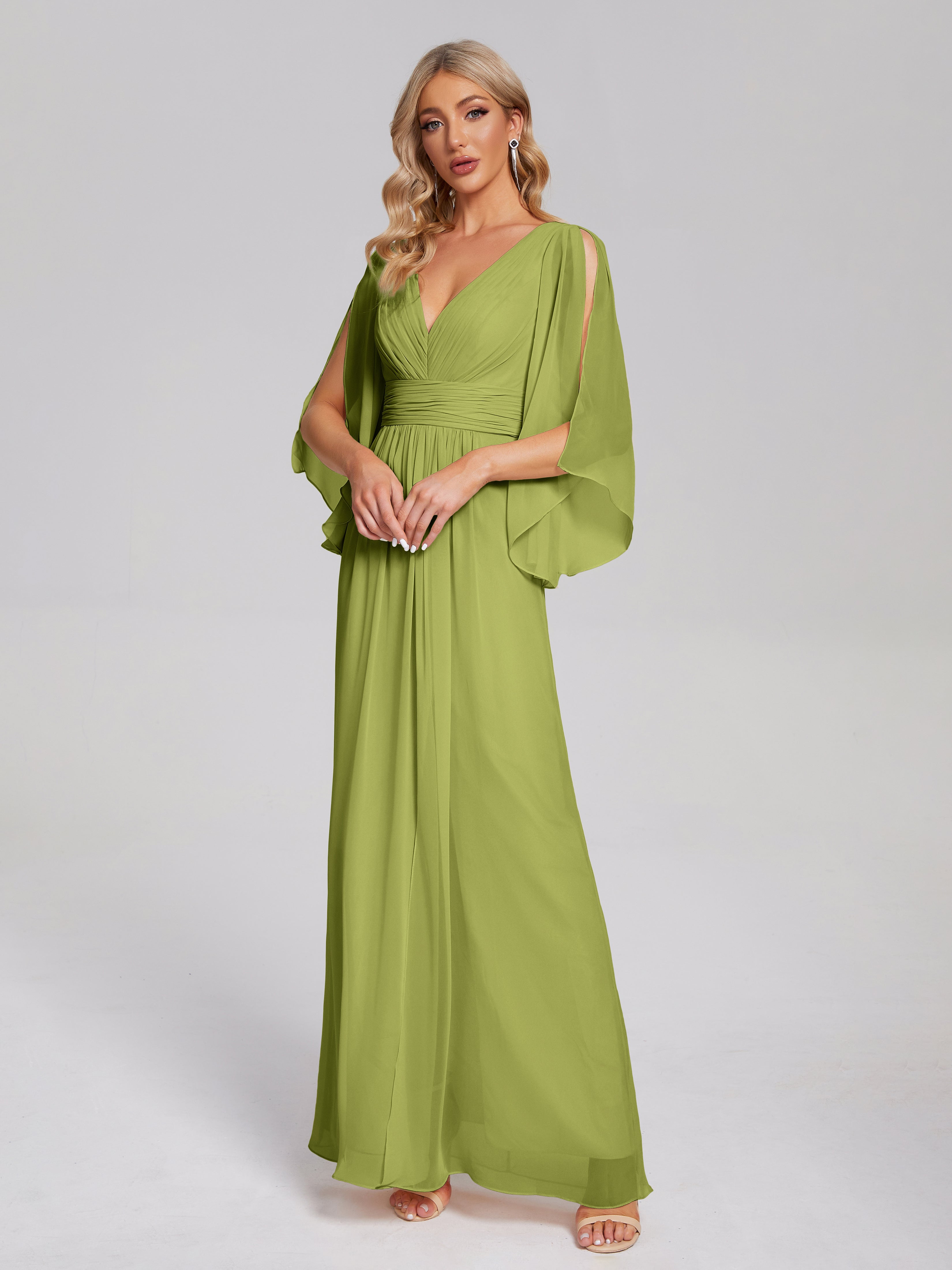Robes De Demoiselle D'Honneur Trèfle Demi Manches Col V Fendue Mousseline Robes Demoiselle D'Honneur