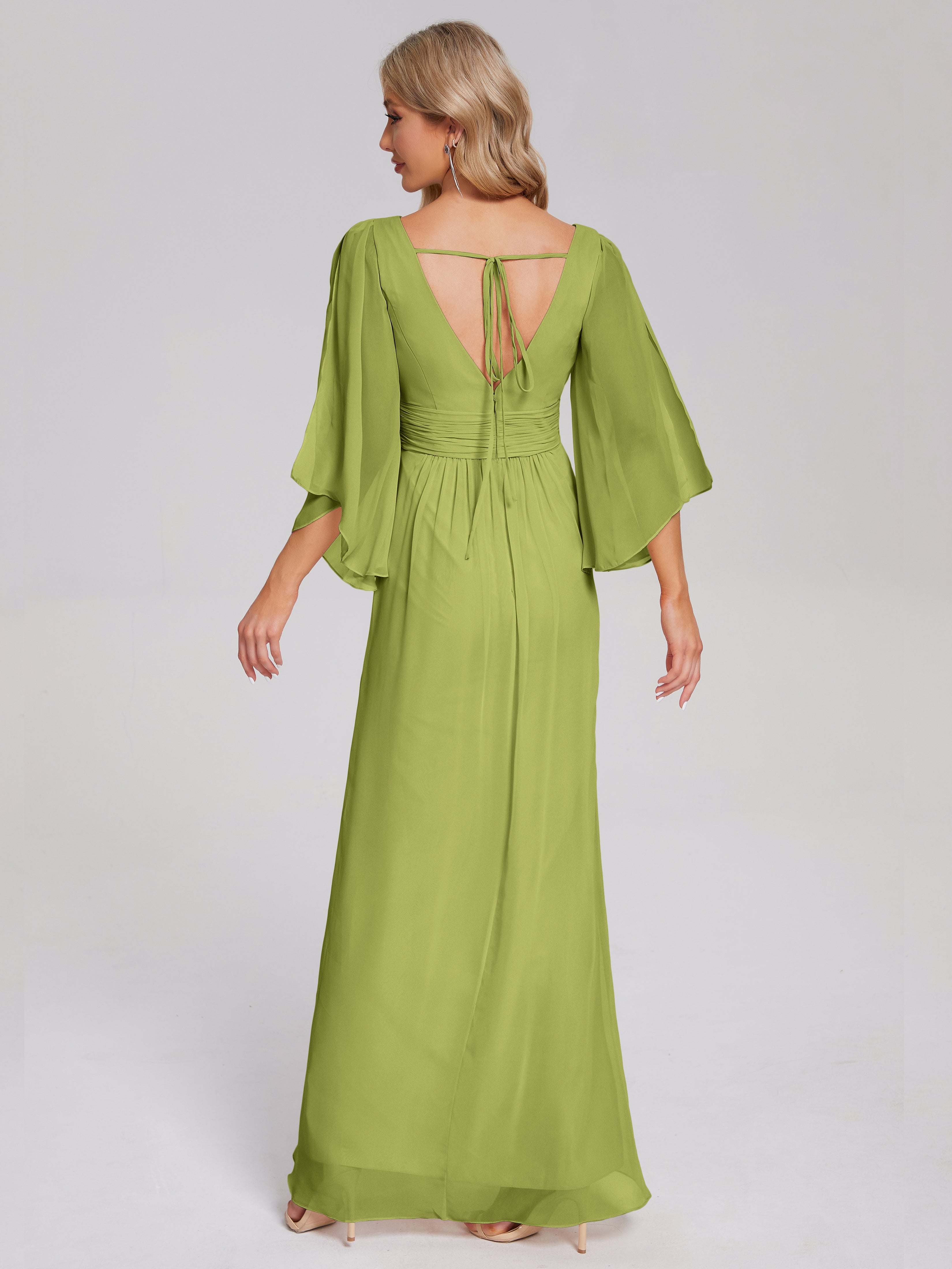 Robes De Demoiselle D'Honneur Trèfle Demi Manches Col V Fendue Mousseline Robes Demoiselle D'Honneur