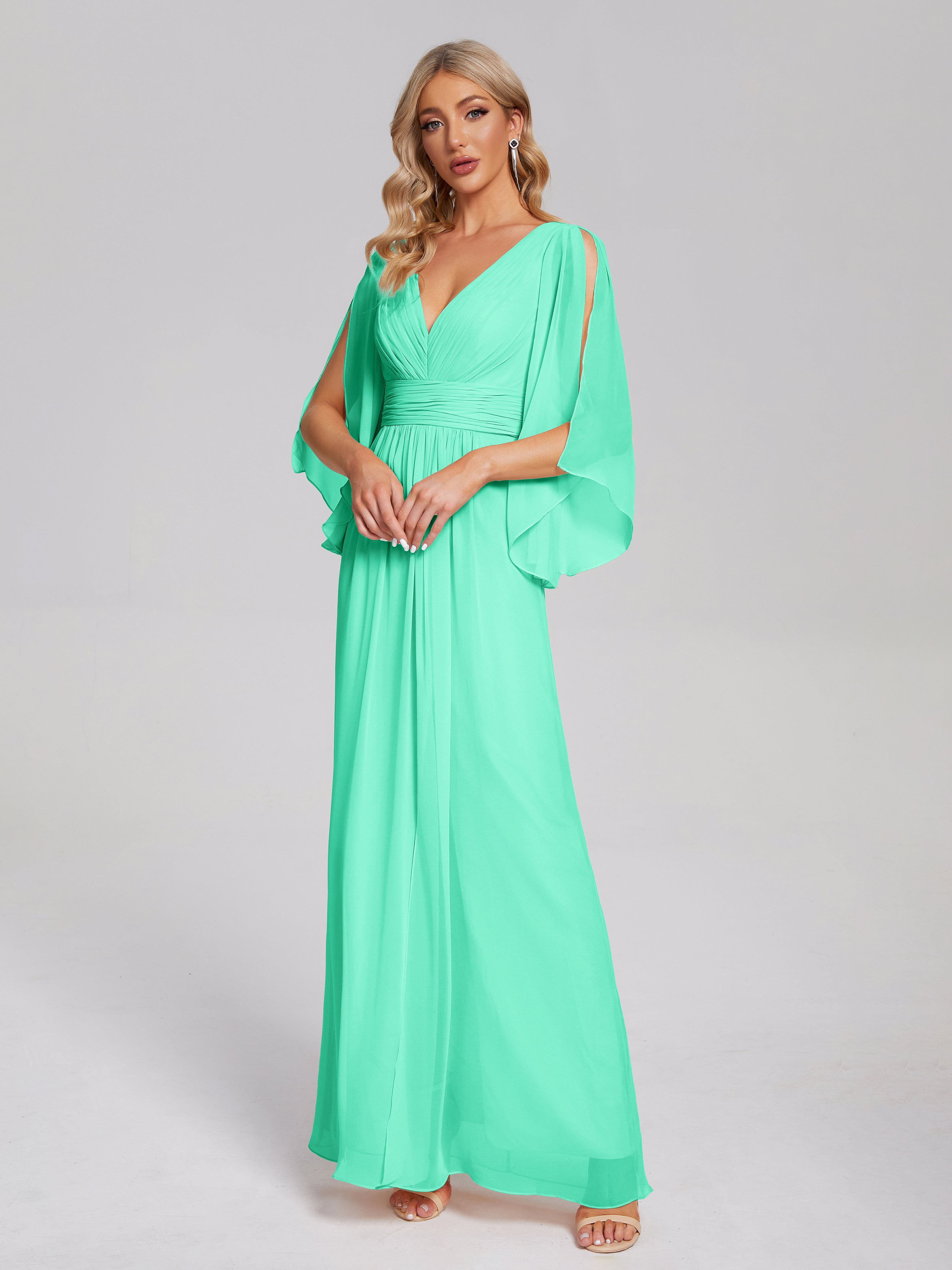 Robe Demoiselle D Honneur Bleu Turquoise Demi Manches Col V Fendue Mousseline Robes Demoiselle D'Honneur