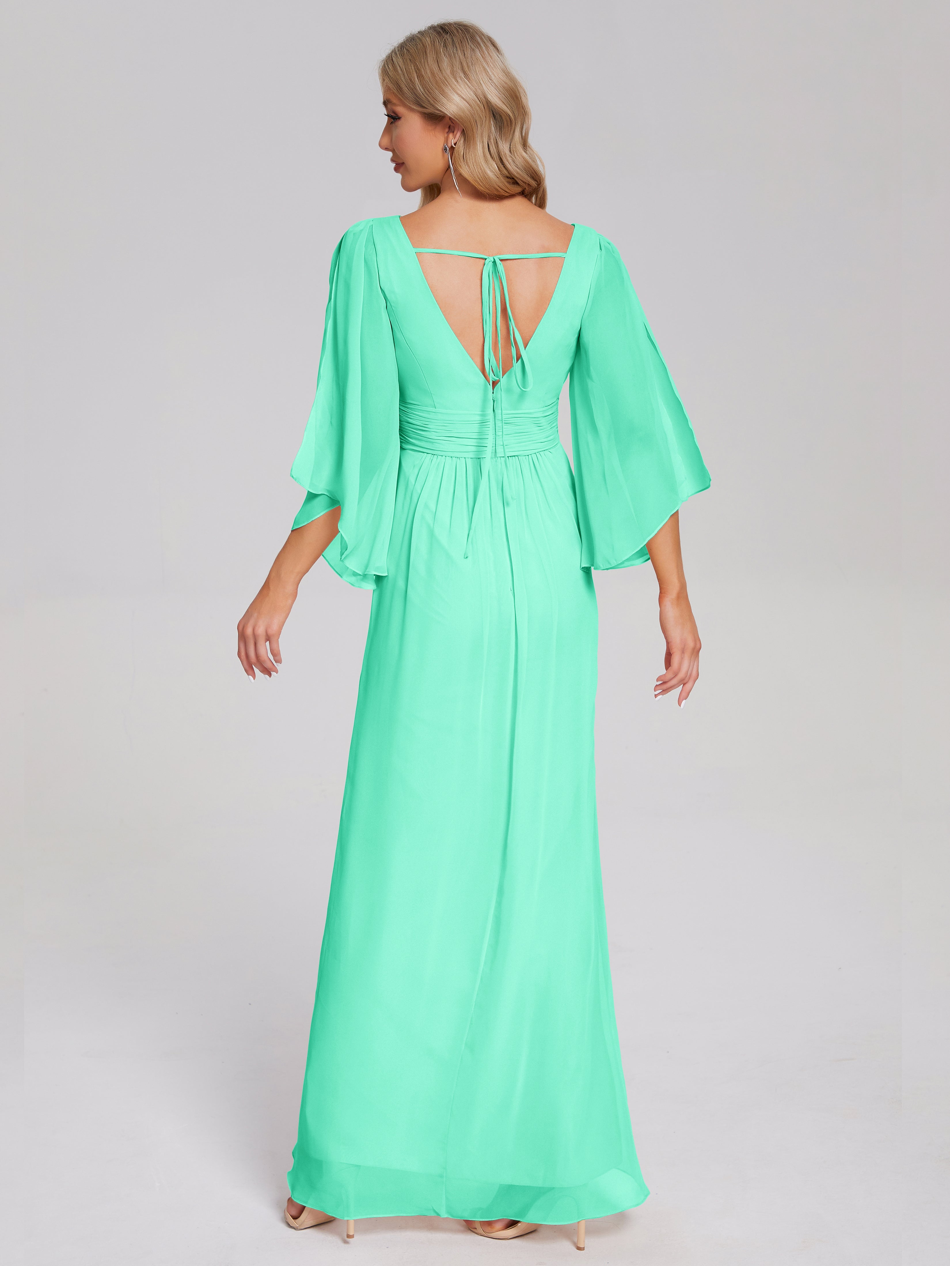 Robe Demoiselle D Honneur Bleu Turquoise Demi Manches Col V Fendue Mousseline Robes Demoiselle D'Honneur