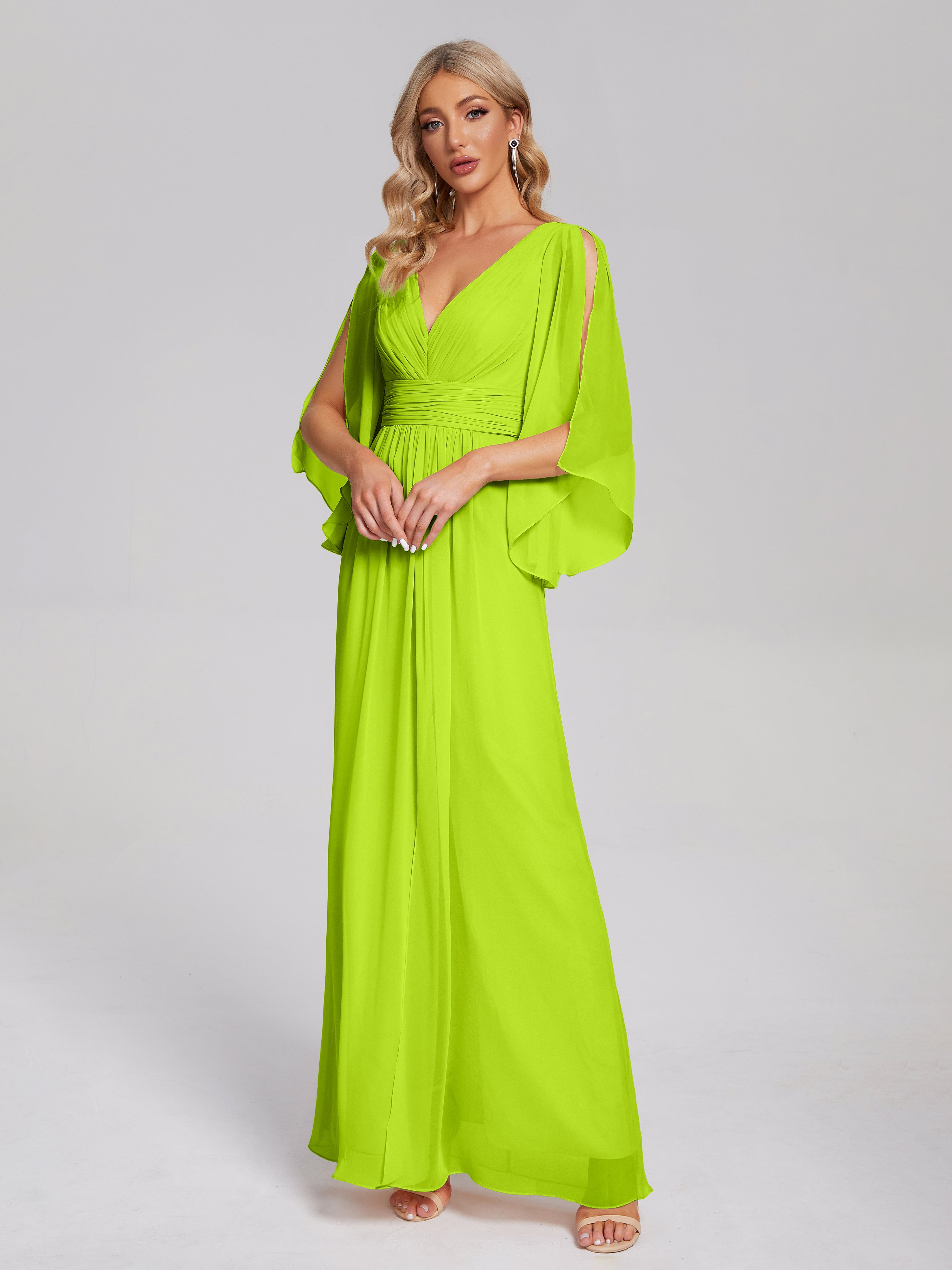 Robes De Demoiselle D'Honneur Vert Citron Demi Manches Col V Fendue Mousseline Robes Demoiselle D'Honneur