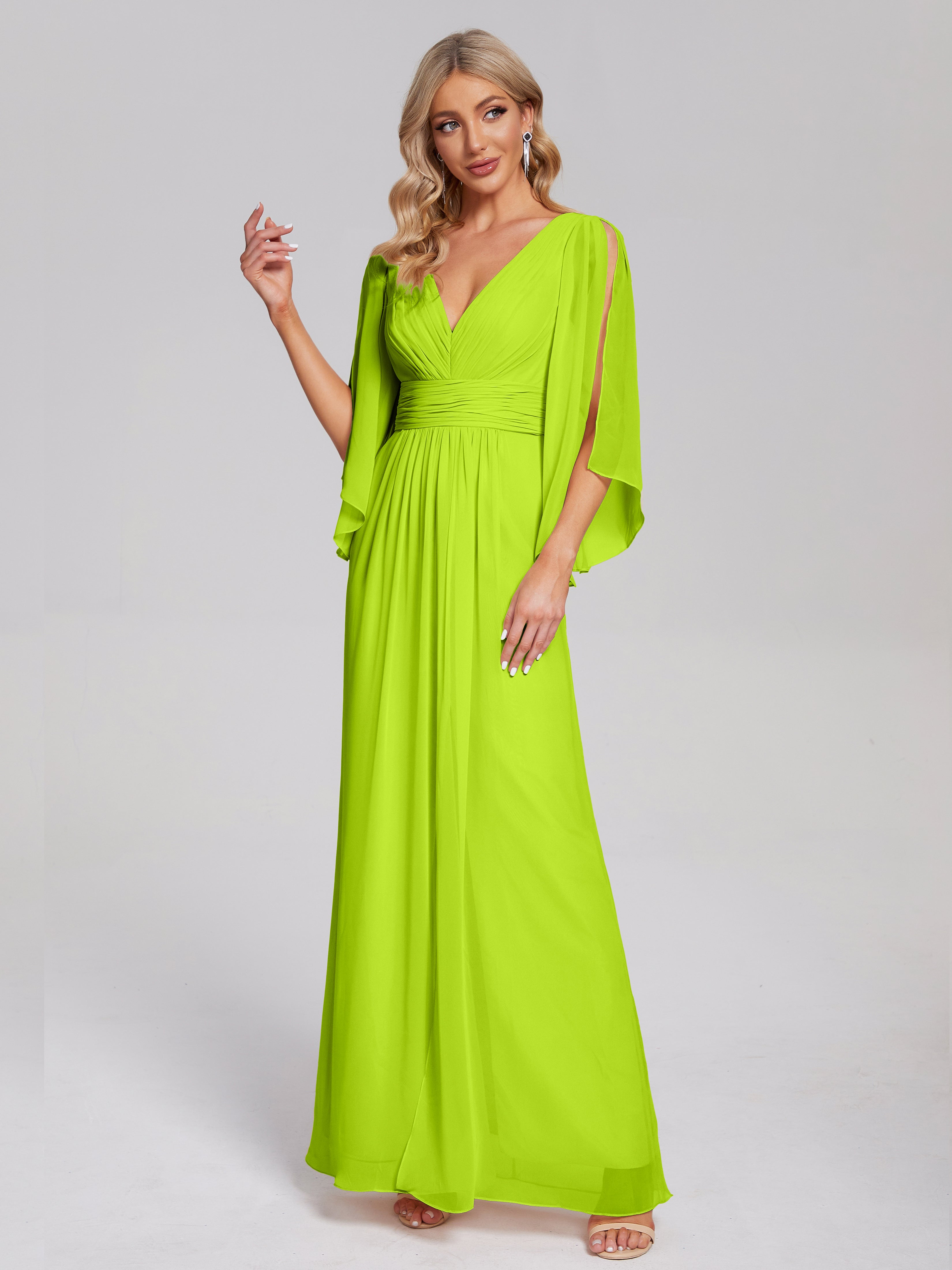 Robes De Demoiselle D'Honneur Vert Citron Demi Manches Col V Fendue Mousseline Robes Demoiselle D'Honneur