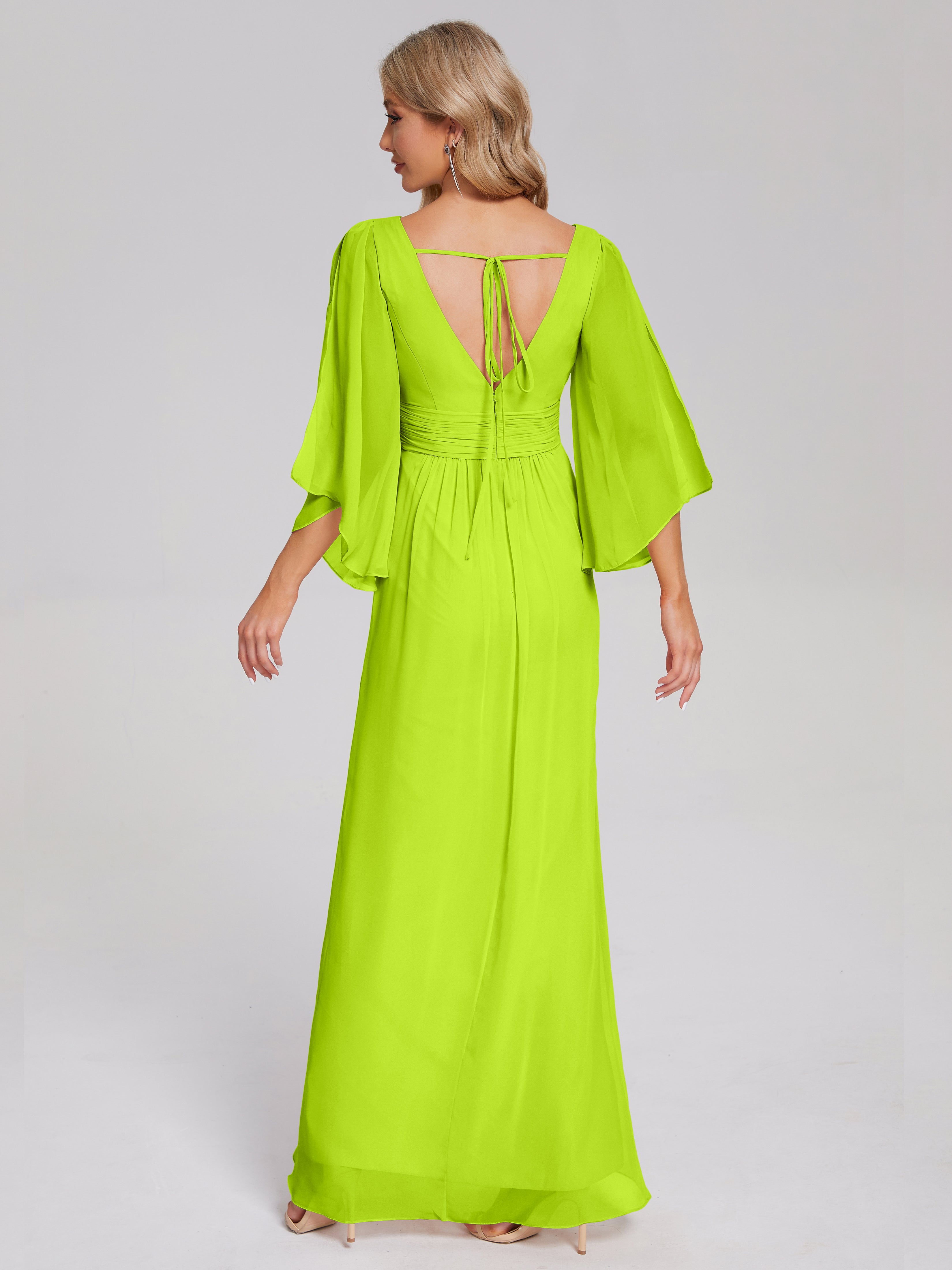 Robes De Demoiselle D'Honneur Vert Citron Demi Manches Col V Fendue Mousseline Robes Demoiselle D'Honneur