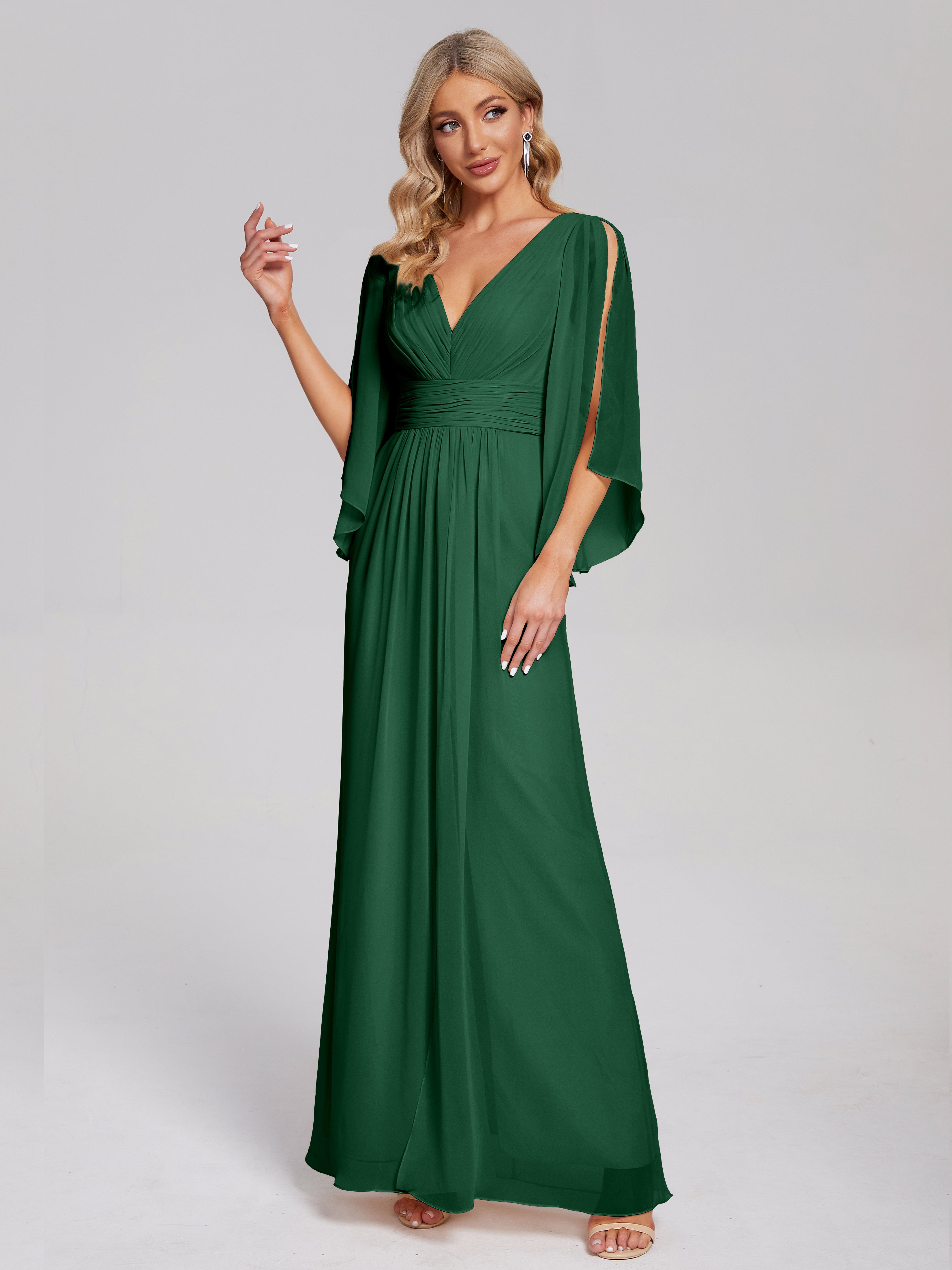 Robes De Demoiselle D'Honneur Vert Foncé Demi Manches Col V Fendue Mousseline Robes Demoiselle D'Honneur