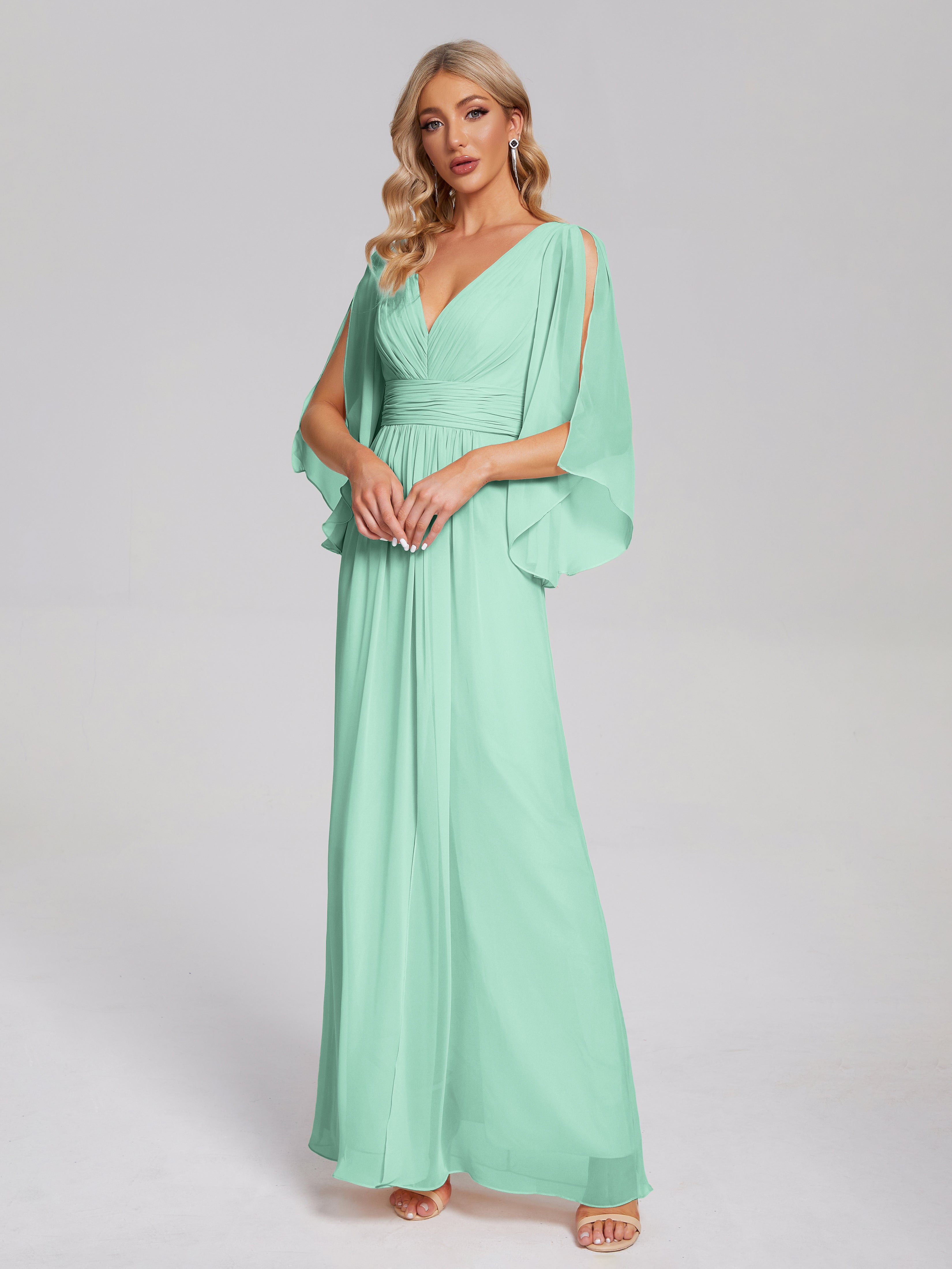 Robes De Demoiselle D'Honneur Vert Menthe Demi Manches Col V Fendue Mousseline Robes Demoiselle D'Honneur