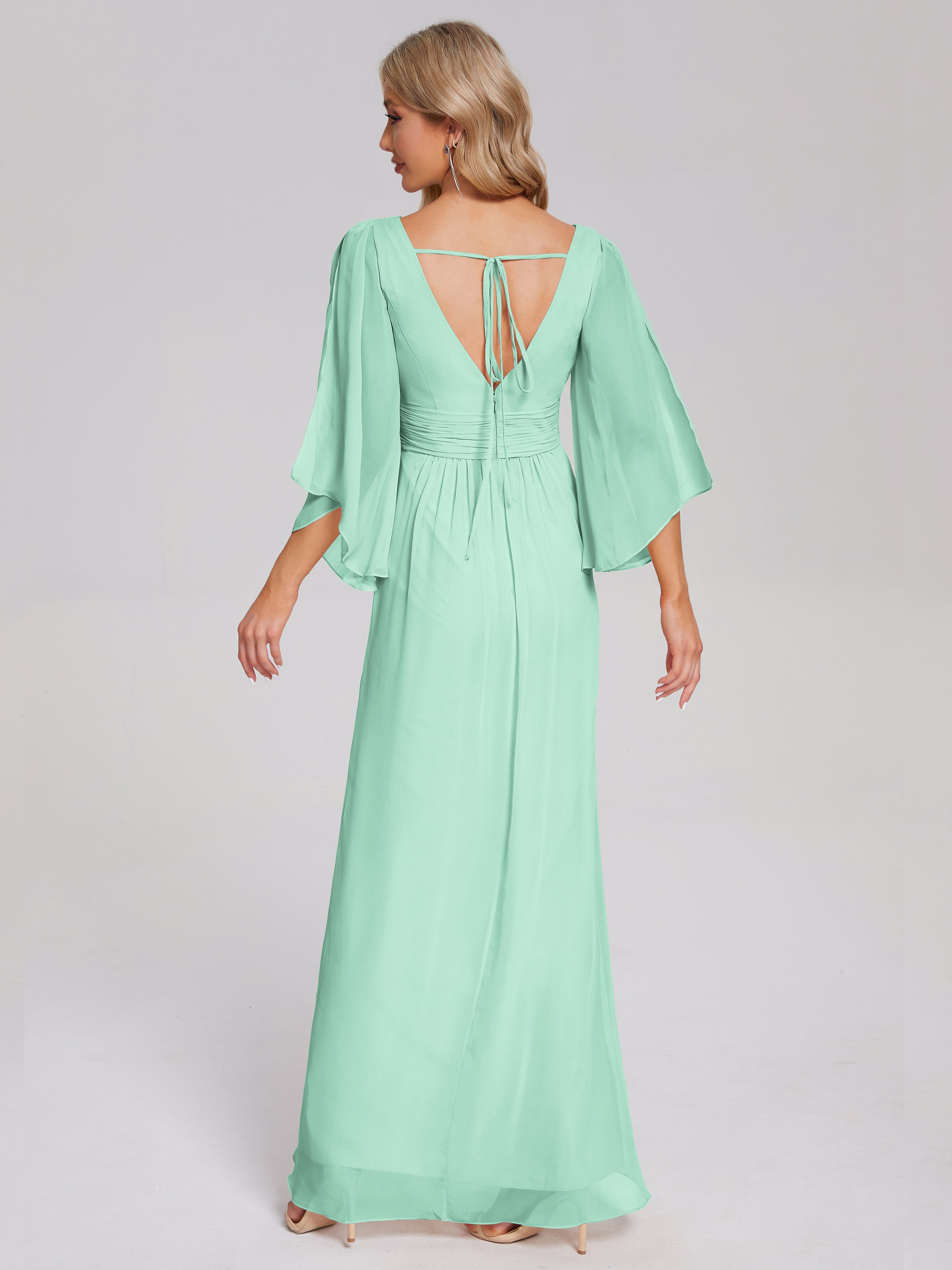 Robes De Demoiselle D'Honneur Vert Menthe Demi Manches Col V Fendue Mousseline Robes Demoiselle D'Honneur
