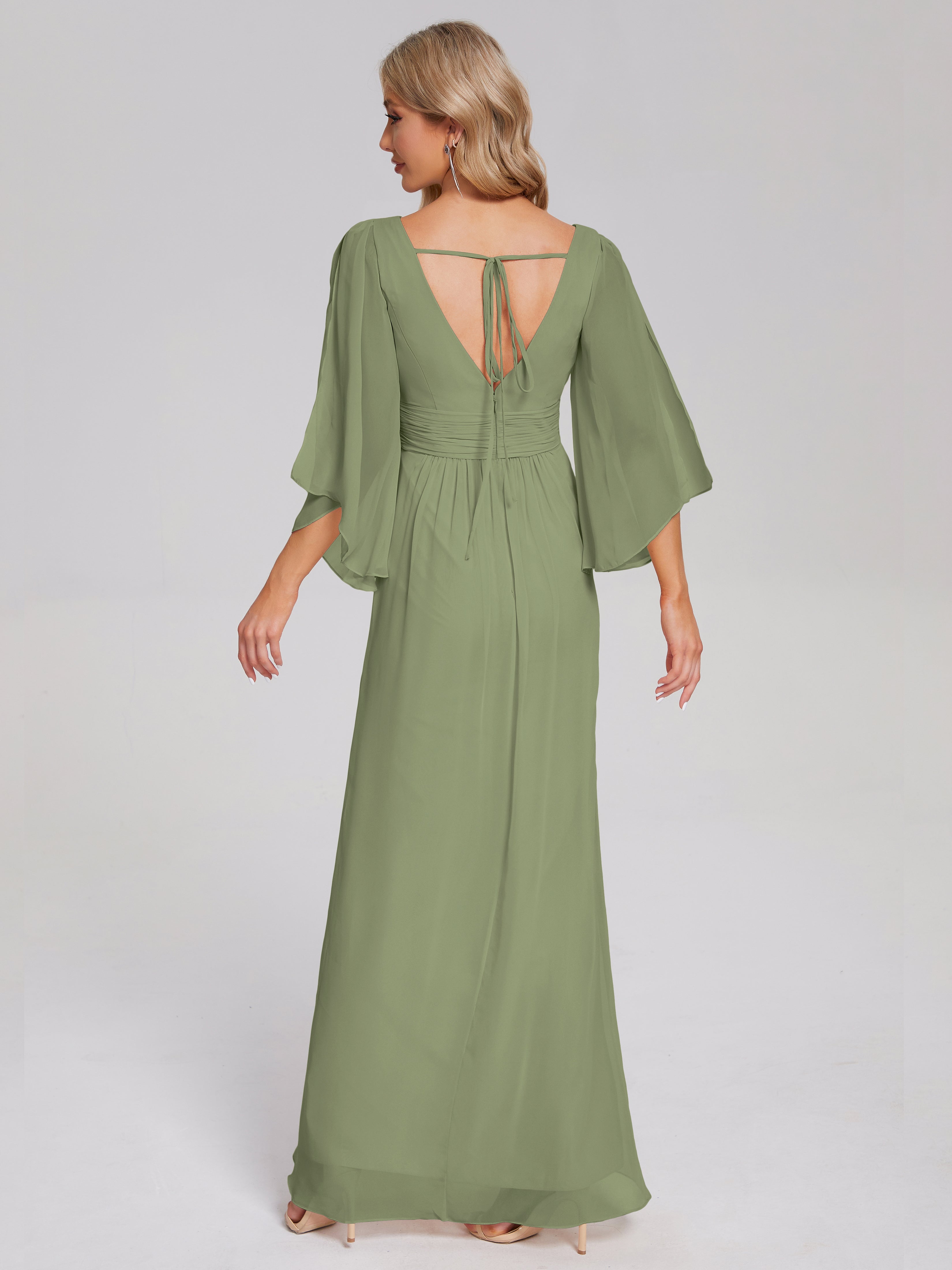 Robe De Demoiselle D Honneur Vert Olive Demi Manches Col V Fendue Mousseline Robes Demoiselle D'Honneur