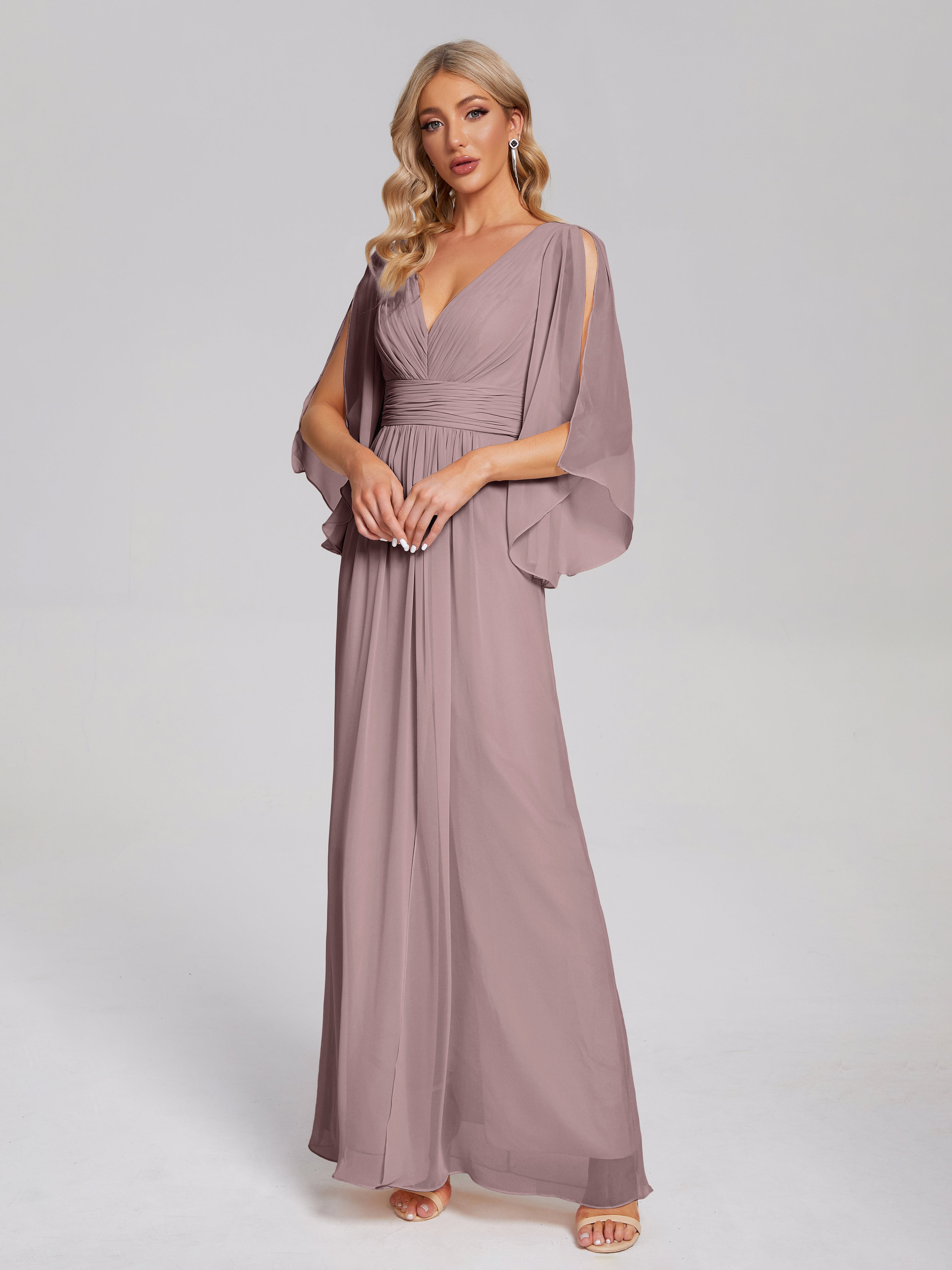 Robes De Demoiselle D'Honneur Vintage Mauve Demi Manches Col V Fendue Mousseline Robes Demoiselle D'Honneur