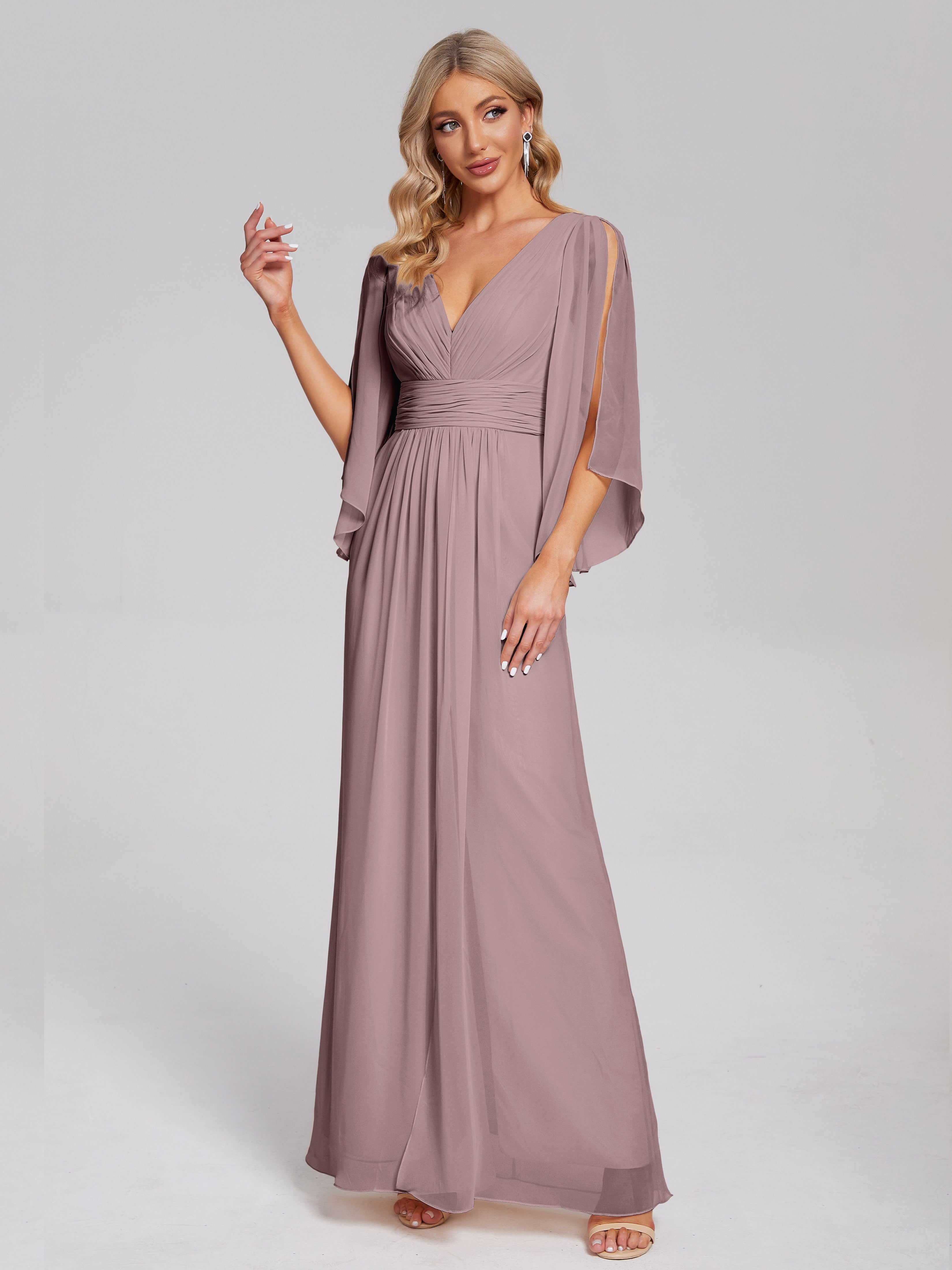 Robes De Demoiselle D'Honneur Vintage Mauve Demi Manches Col V Fendue Mousseline Robes Demoiselle D'Honneur