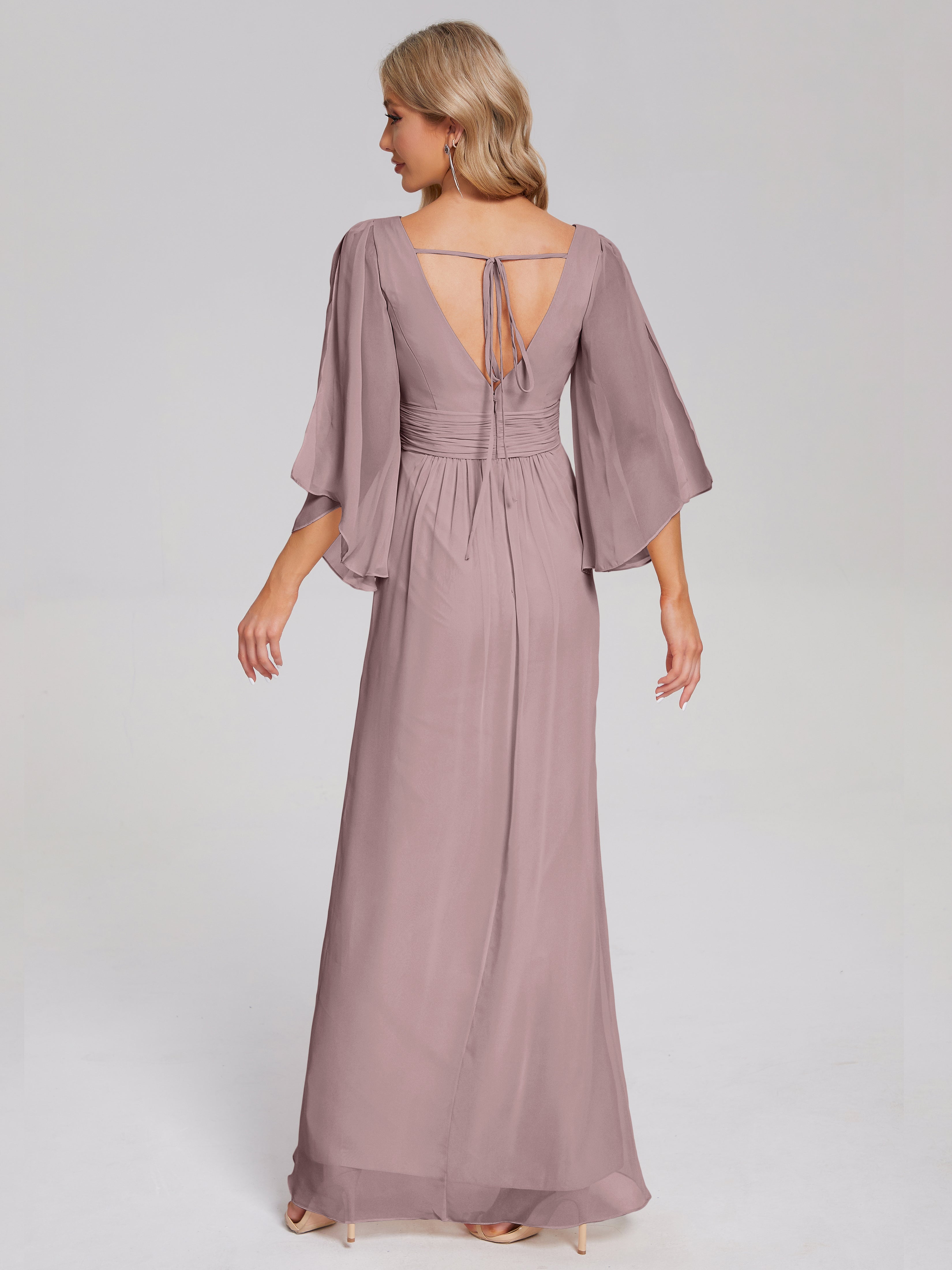 Robes De Demoiselle D'Honneur Vintage Mauve Demi Manches Col V Fendue Mousseline Robes Demoiselle D'Honneur