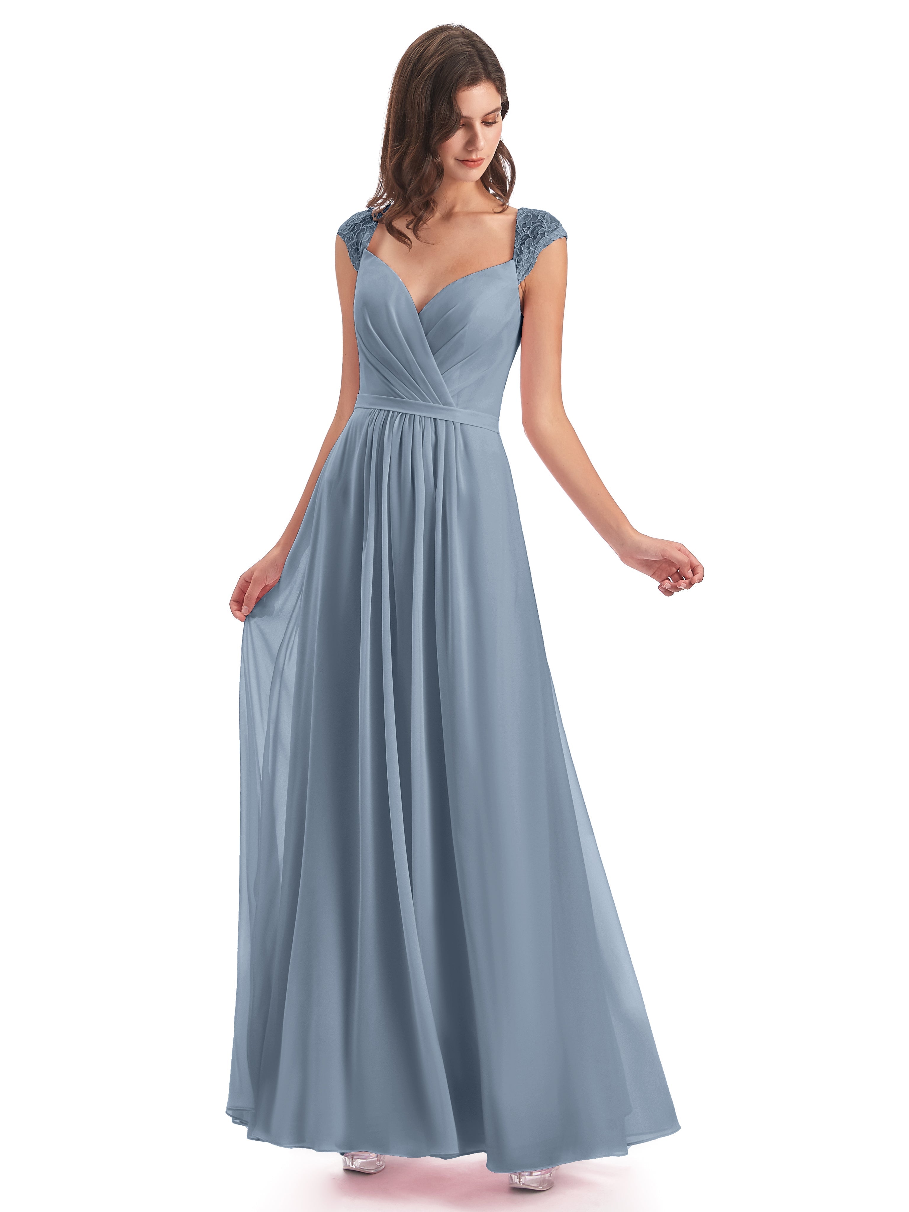 Robes De Demoiselle D'Honneur Bleu Poudre Mancherons Dos Ouvert Mousseline Robes Demoiselle D'Honneur