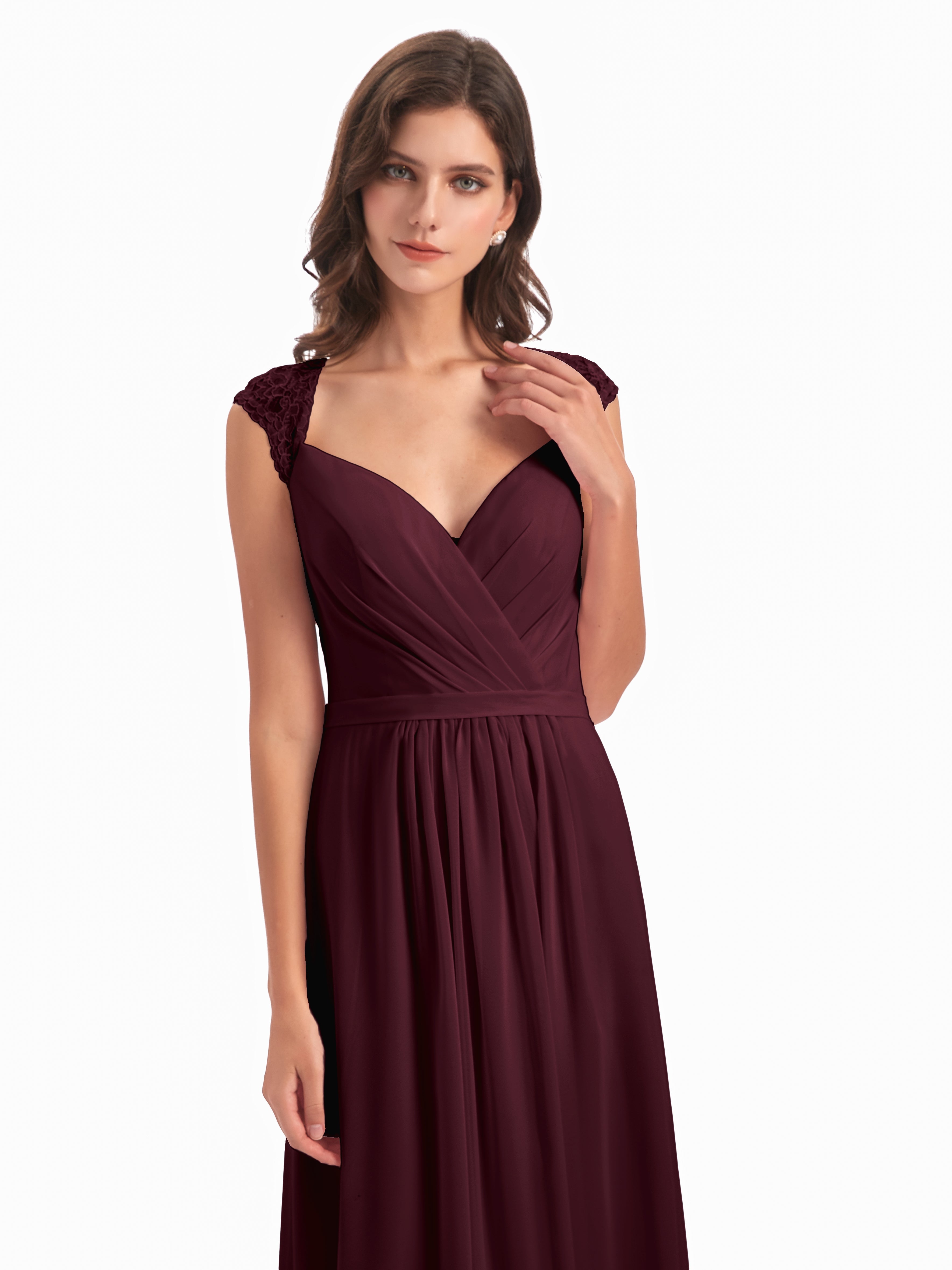 Robes De Demoiselle D'Honneur Cabernet Mancherons Dos Ouvert Mousseline Robes Demoiselle D'Honneur