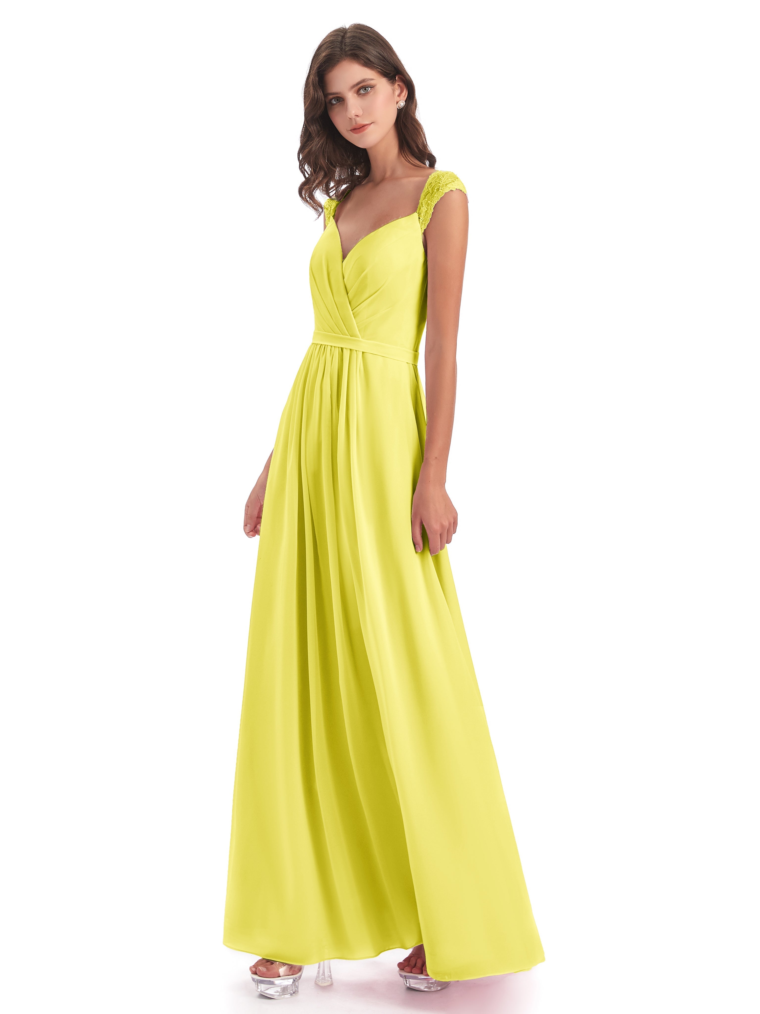 Robes De Demoiselle D'Honneur Citron Mancherons Dos Ouvert Mousseline Robes Demoiselle D'Honneur