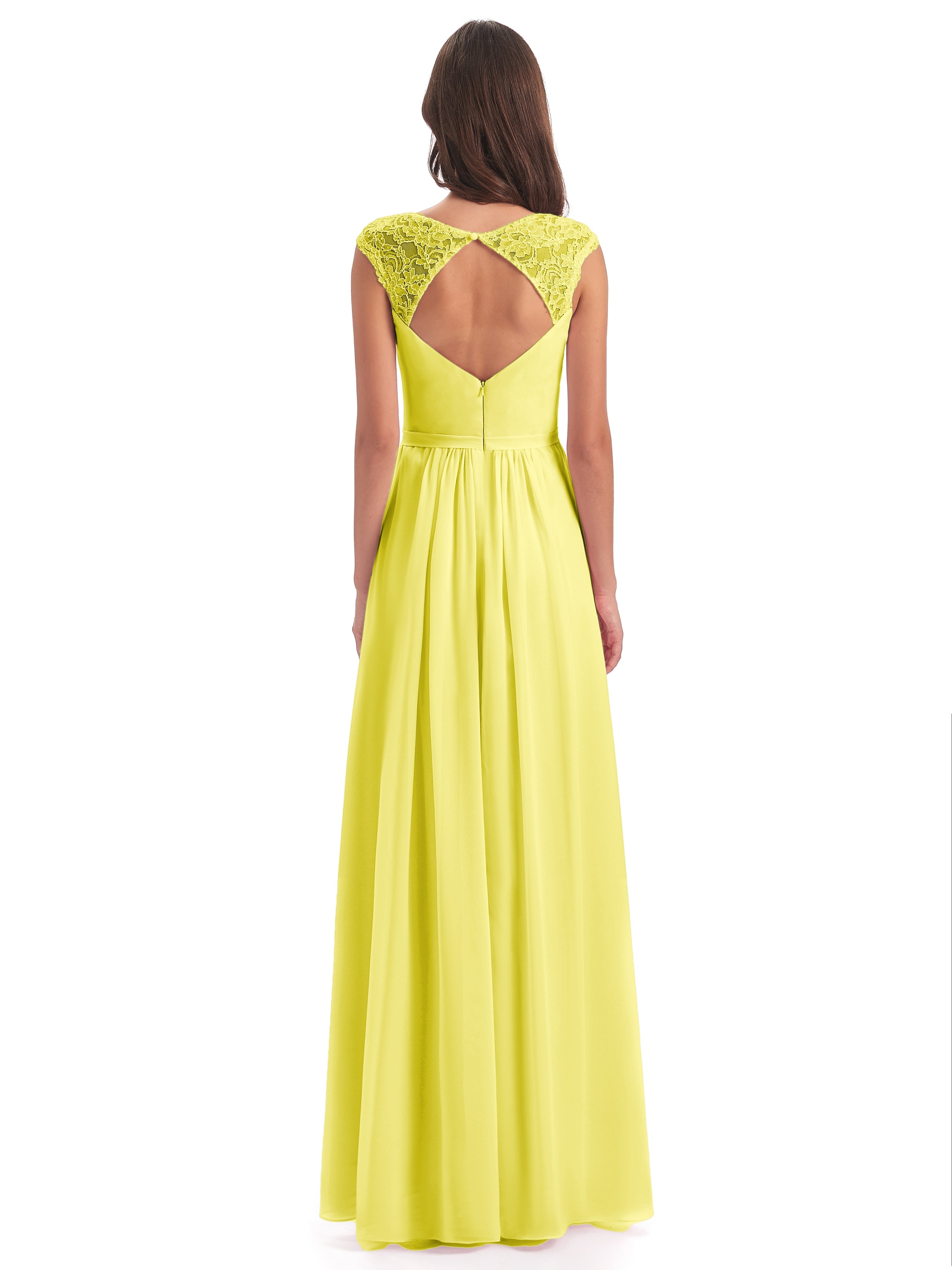 Robes De Demoiselle D'Honneur Citron Mancherons Dos Ouvert Mousseline Robes Demoiselle D'Honneur