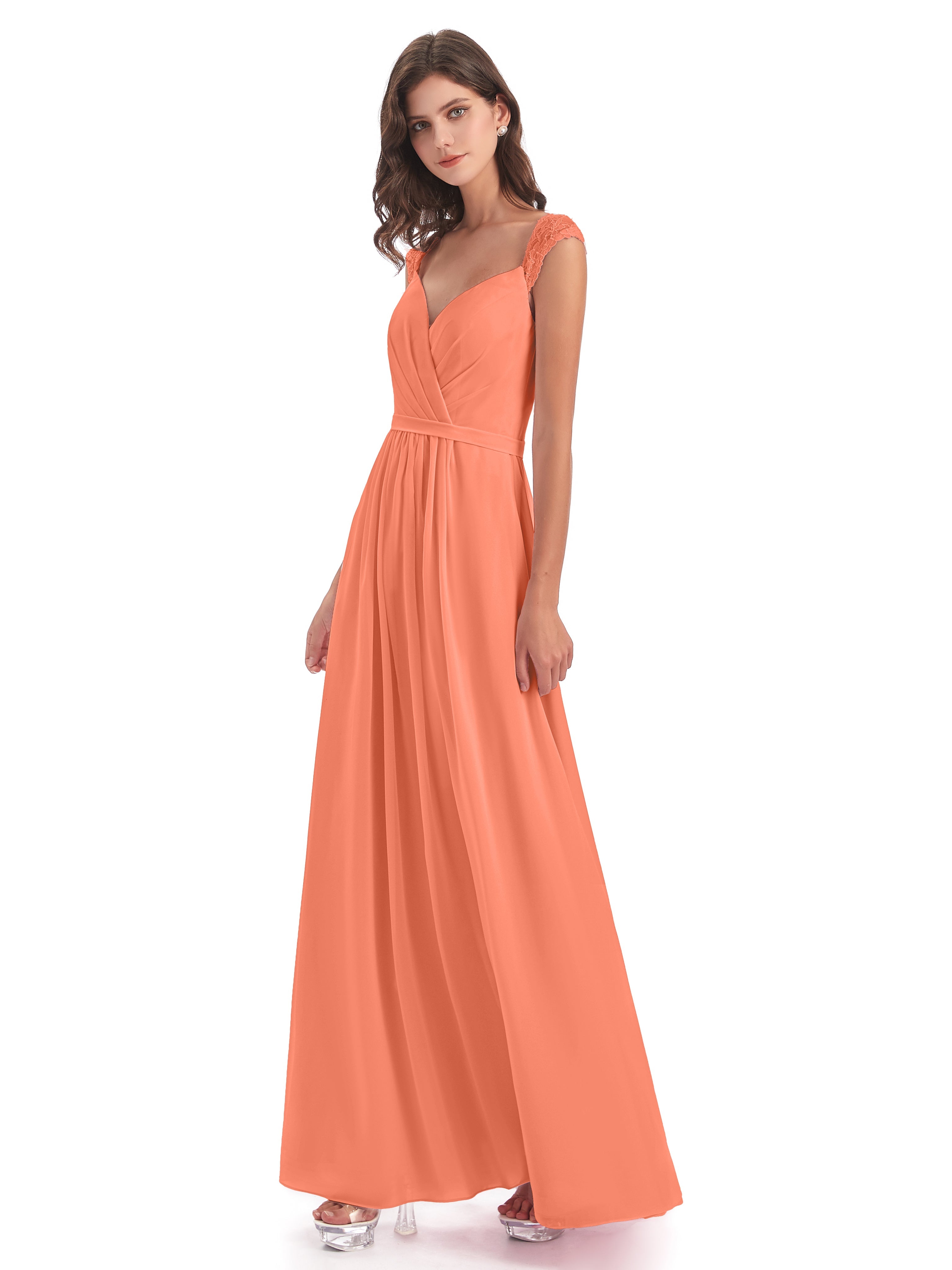 Robes De Demoiselle D'Honneur Coucher De Soleil Mancherons Dos Ouvert Mousseline Robes Demoiselle D'Honneur
