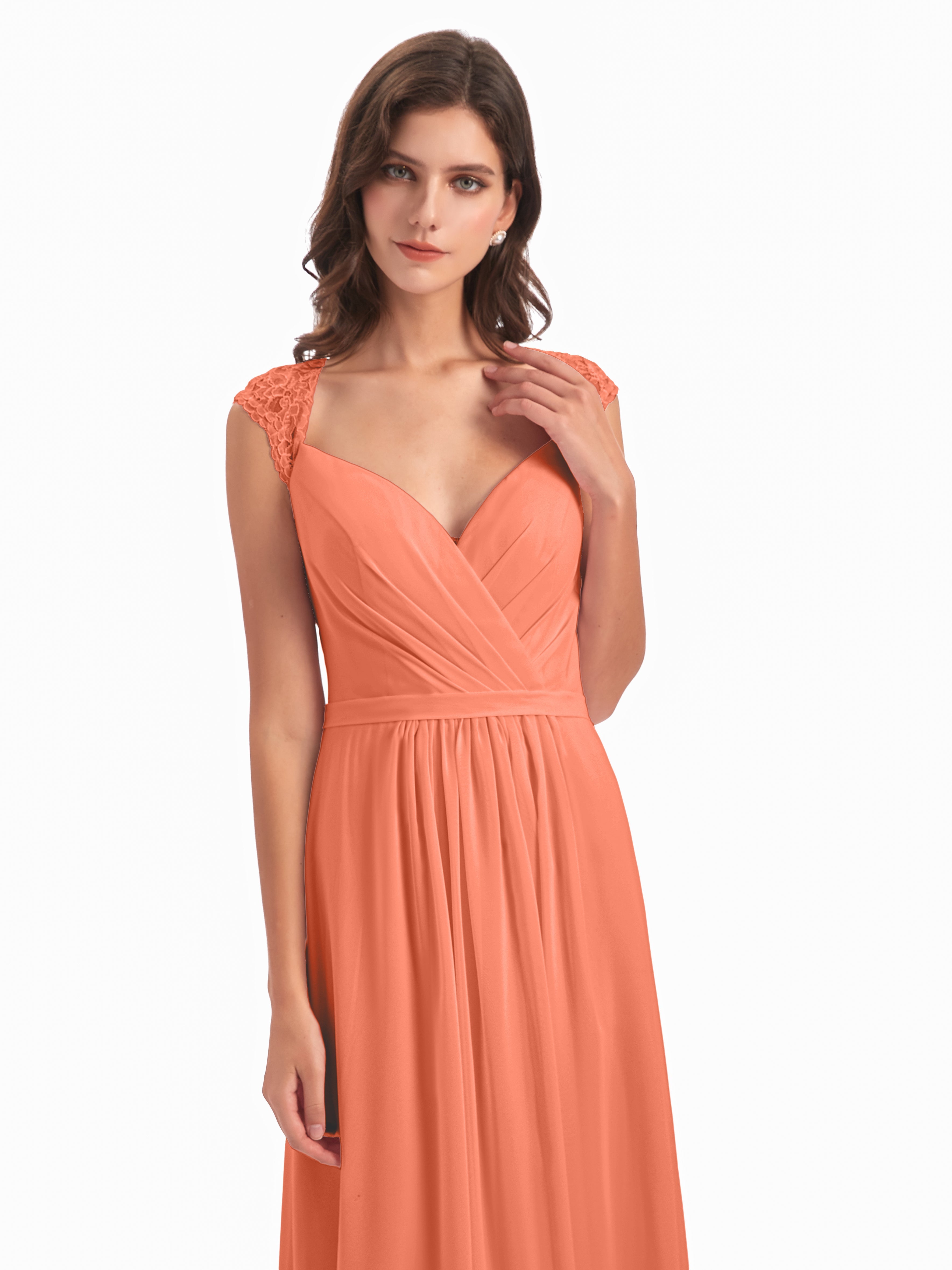 Robes De Demoiselle D'Honneur Coucher De Soleil Mancherons Dos Ouvert Mousseline Robes Demoiselle D'Honneur