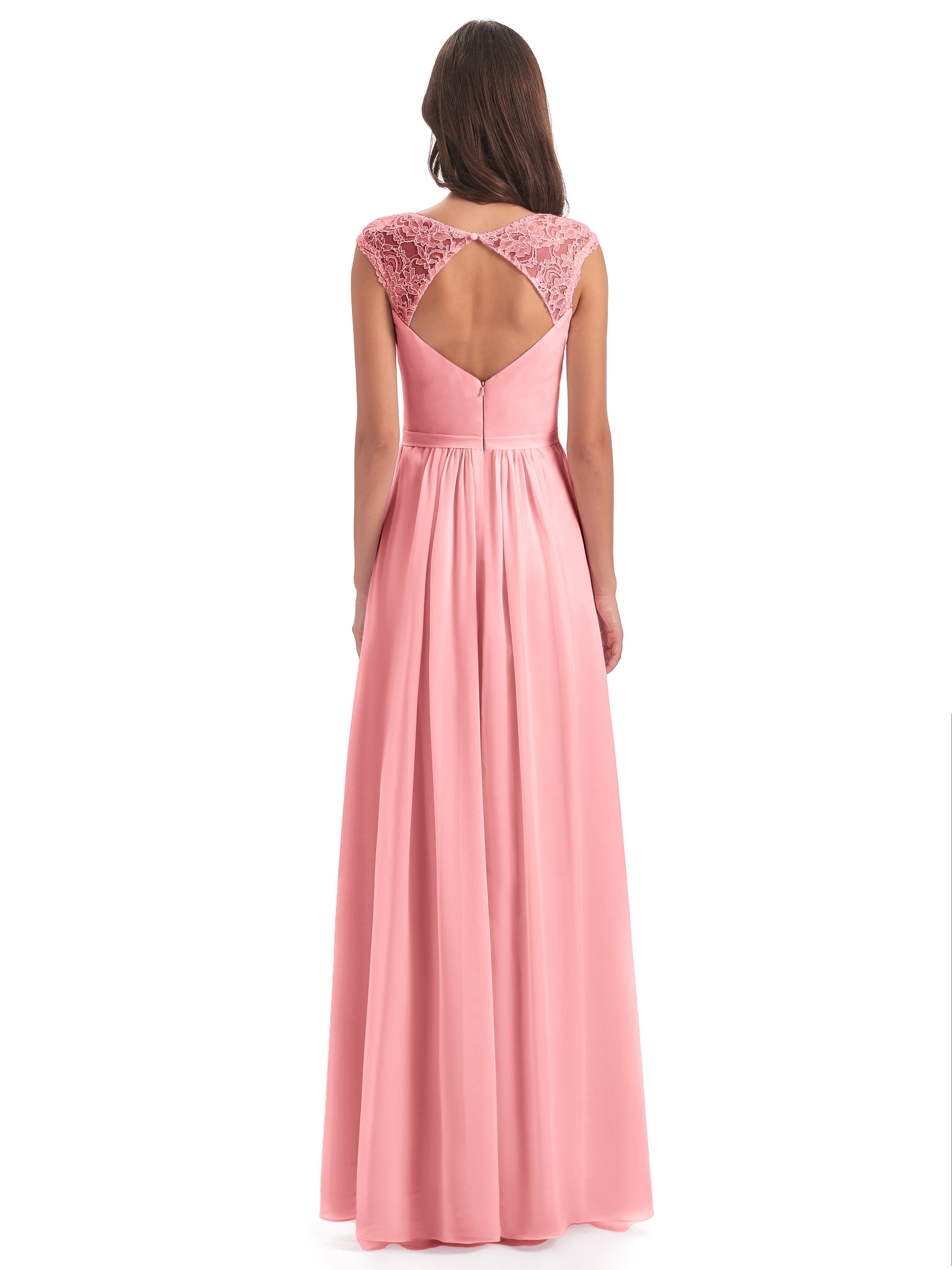Robes De Demoiselle D'Honneur En Flamant Mancherons Dos Ouvert Mousseline Robes Demoiselle D'Honneur