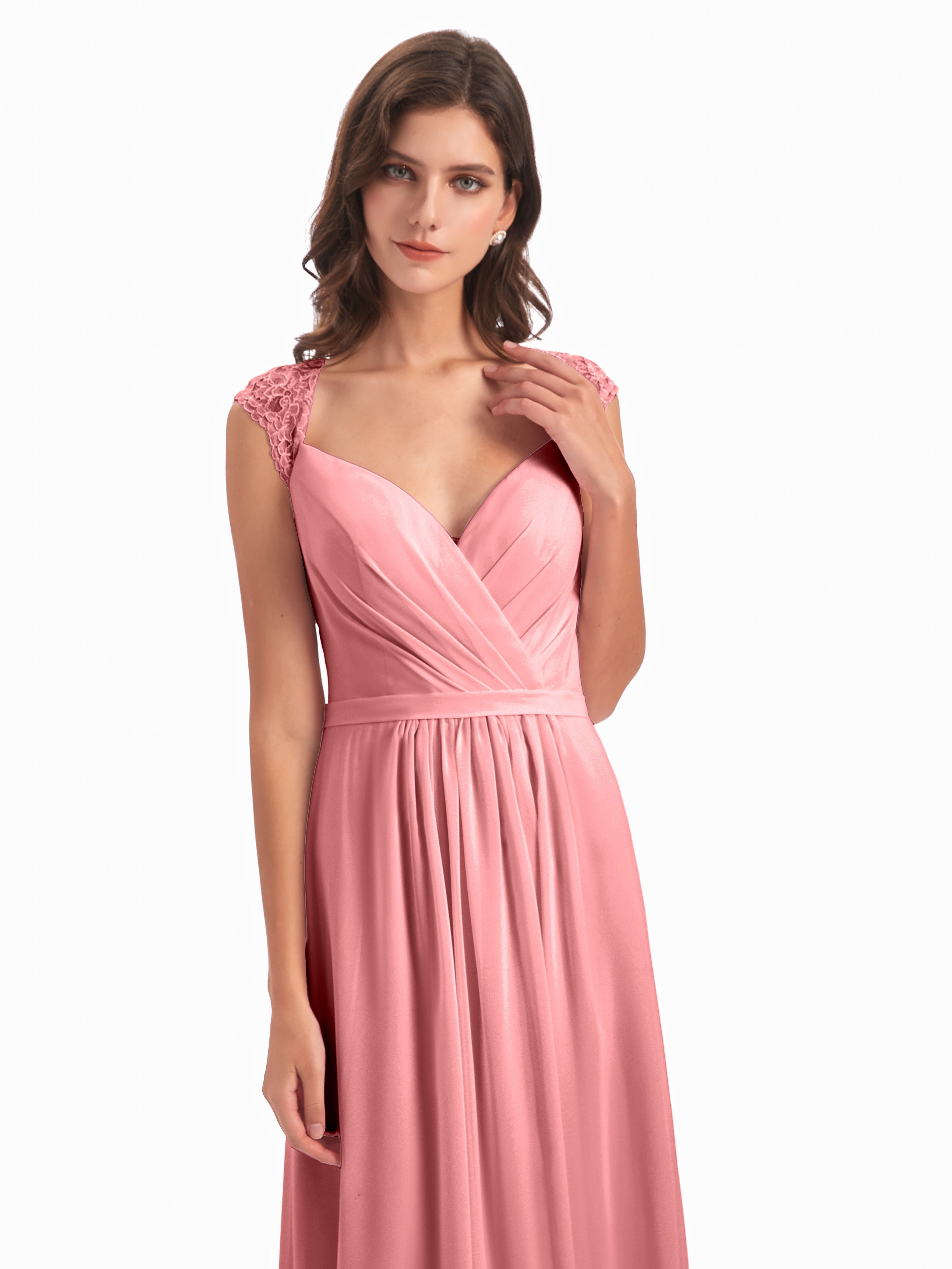 Robes De Demoiselle D'Honneur En Flamant Mancherons Dos Ouvert Mousseline Robes Demoiselle D'Honneur