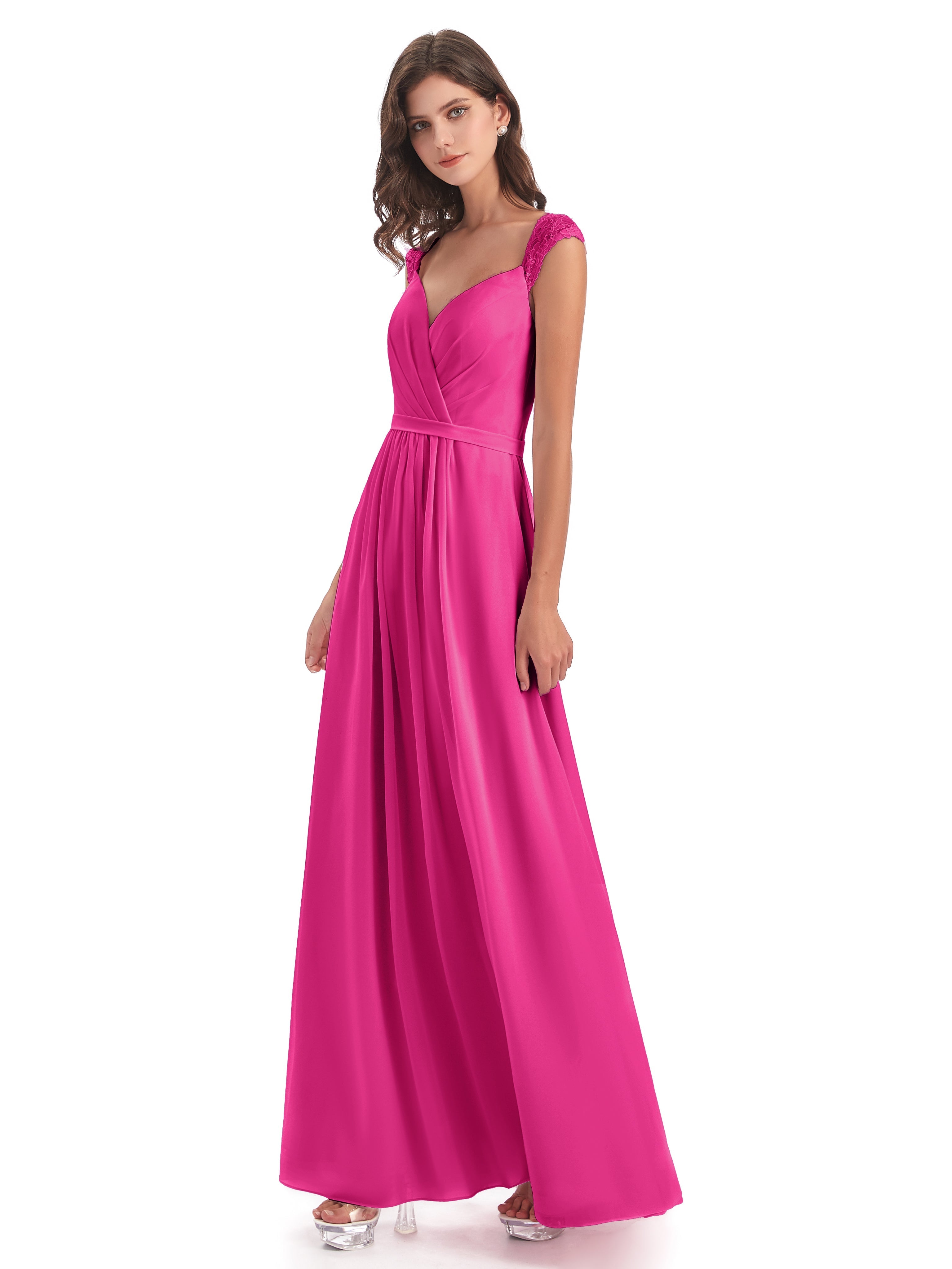 Robe Fuchsia Demoiselle D Honneur Mancherons Dos Ouvert Mousseline Robes Demoiselle D'Honneur